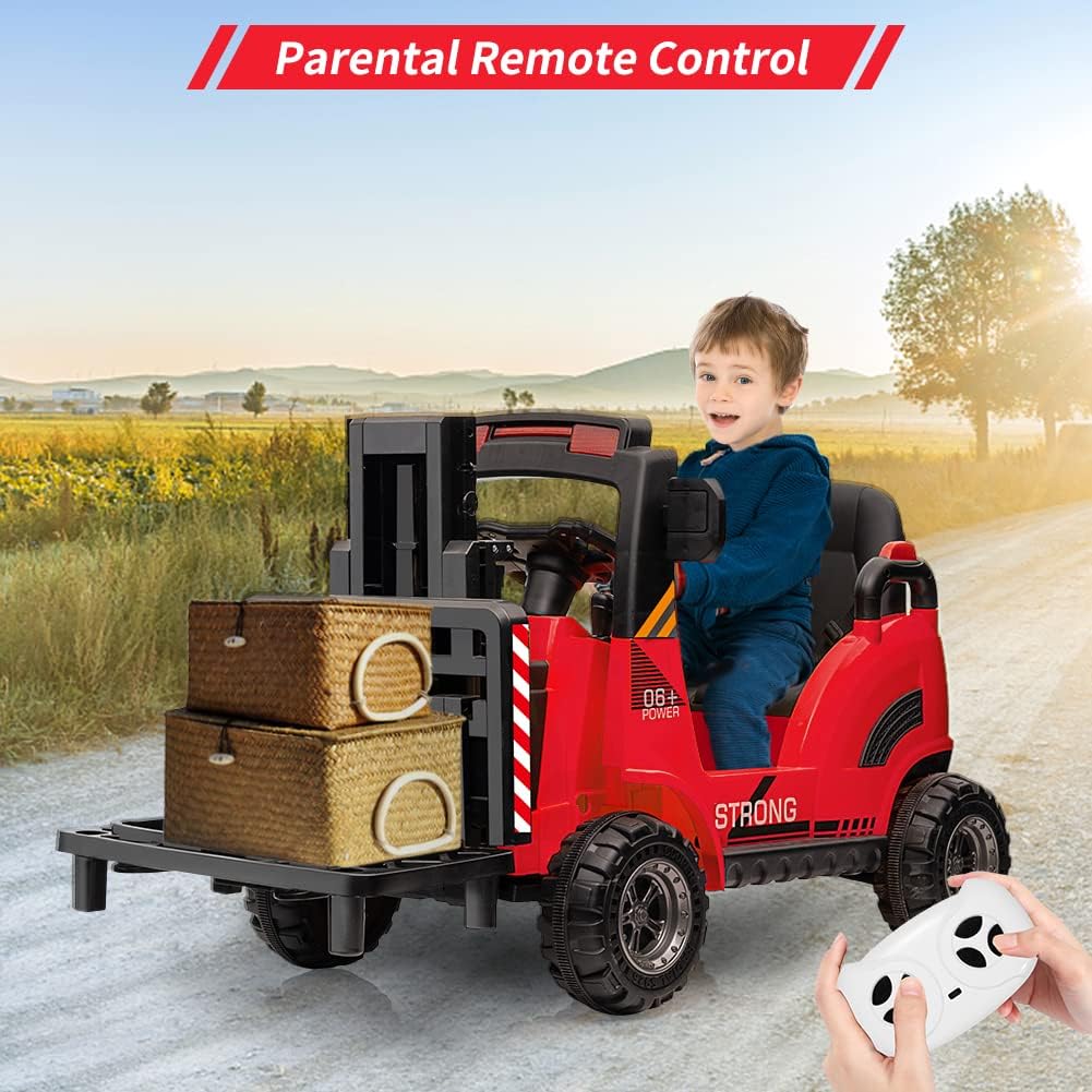 Carretilla elevadora de 12 V, coche eléctrico de construcción con control remoto, horquilla y palet elevable, 2 velocidades, música, USB, MP3 y