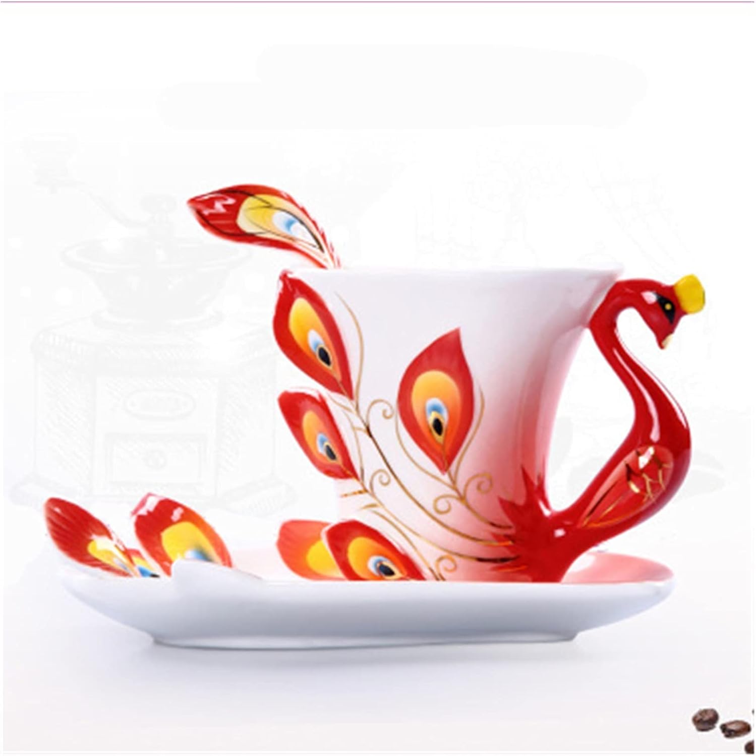 Taza, taza de escritorio de café, taza de cerámica creativa 3D hecha a mano de porcelana esmaltada de pavo real taza de café con platillo y cuchara,