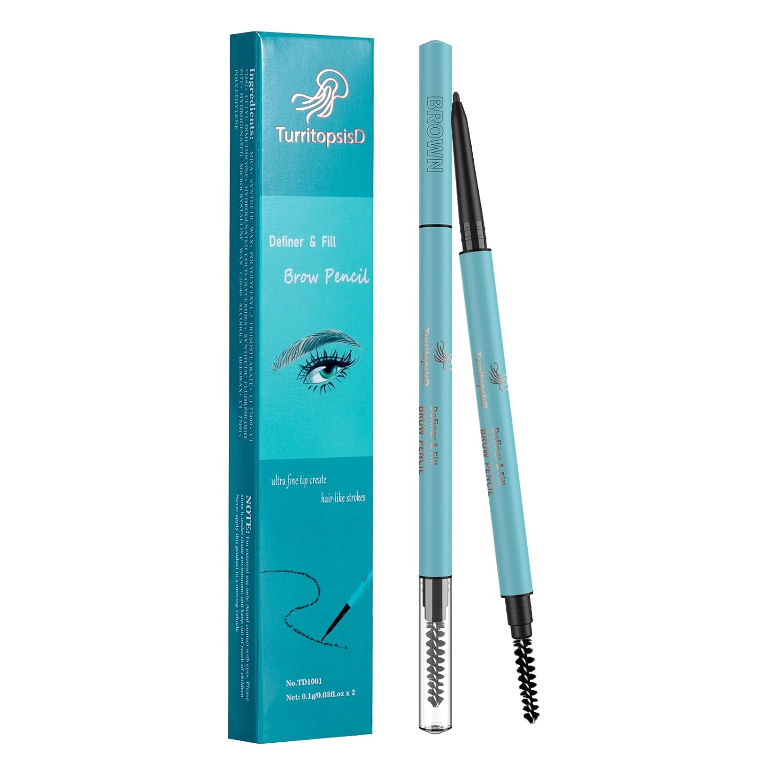 TurritopsisD – Lápiz de cejas para definir y rellenar (paquete de 2 unidades, marrón claro). Lápiz de cejas profesional resistente al agua, punta