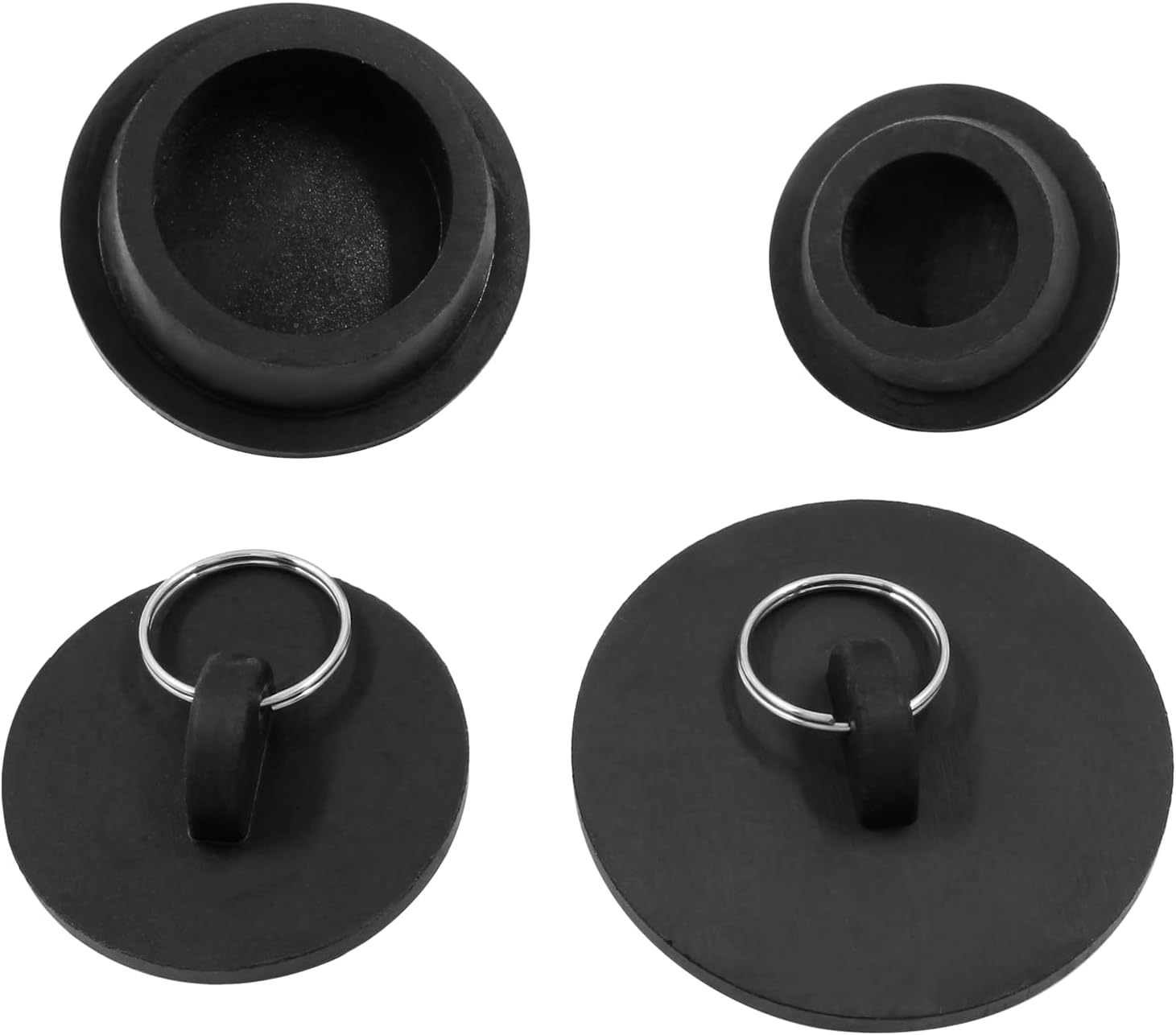 Paquete de 4 tapones de goma para fregadero de bañera, tapones de drenaje de bañera negros con anillo de tracción para cocina, bañera, fregadero de