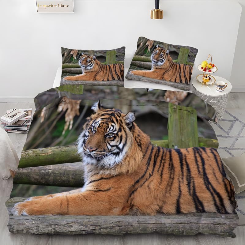 Juego de funda de edredón con estampado de tigre marrón, tamaño Queen, funda de edredón de microfibra suave y 2 fundas de almohada de 20 x 26