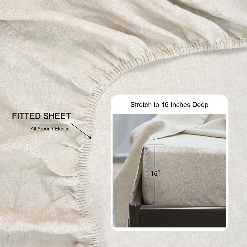 Juego de sábanas de 100 % lino francés natural, 4 piezas, ropa de cama suave y transpirable con bolsillo profundo (1 sábana encimera, 1 sábana