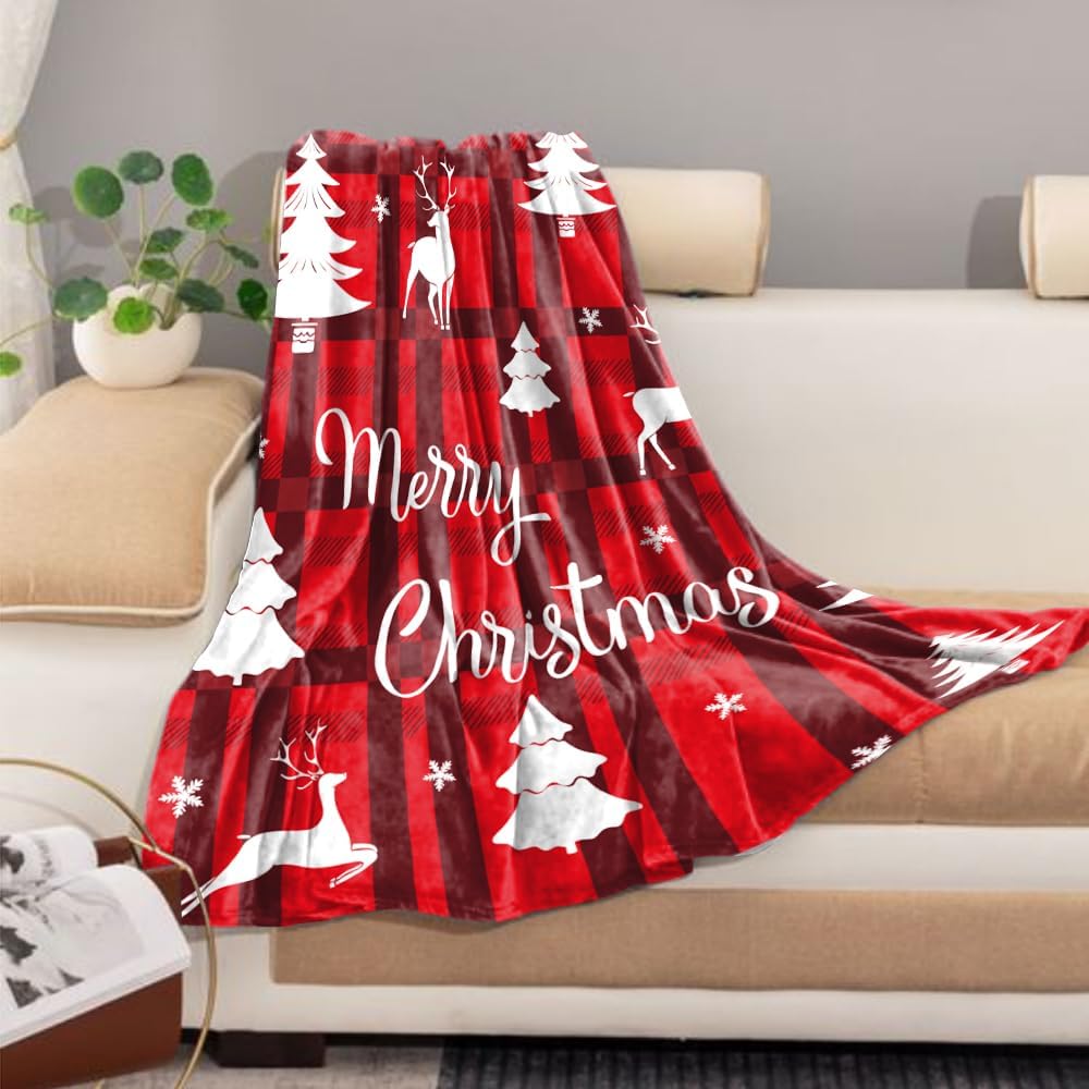 Manta de Navidad a cuadros rojos, manta de Navidad para sofá, cama, suave, acogedora, ligera, mullida, de forro polar, decorativa, 50 x 60-01