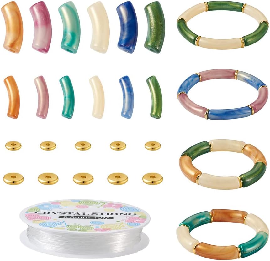 Mega Pet Kit de fabricación de pulseras de cuentas de tubo curvo, 120 cuentas acrílicas de tubo de bambú con 40 cuentas espaciadoras de disco de