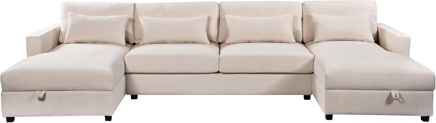 Sofá modular grande moderno en forma de U de 128.3 pulgadas con 4 almohadas de apoyo lumbar, 2 tumbonas grandes con espacio de almacenamiento,