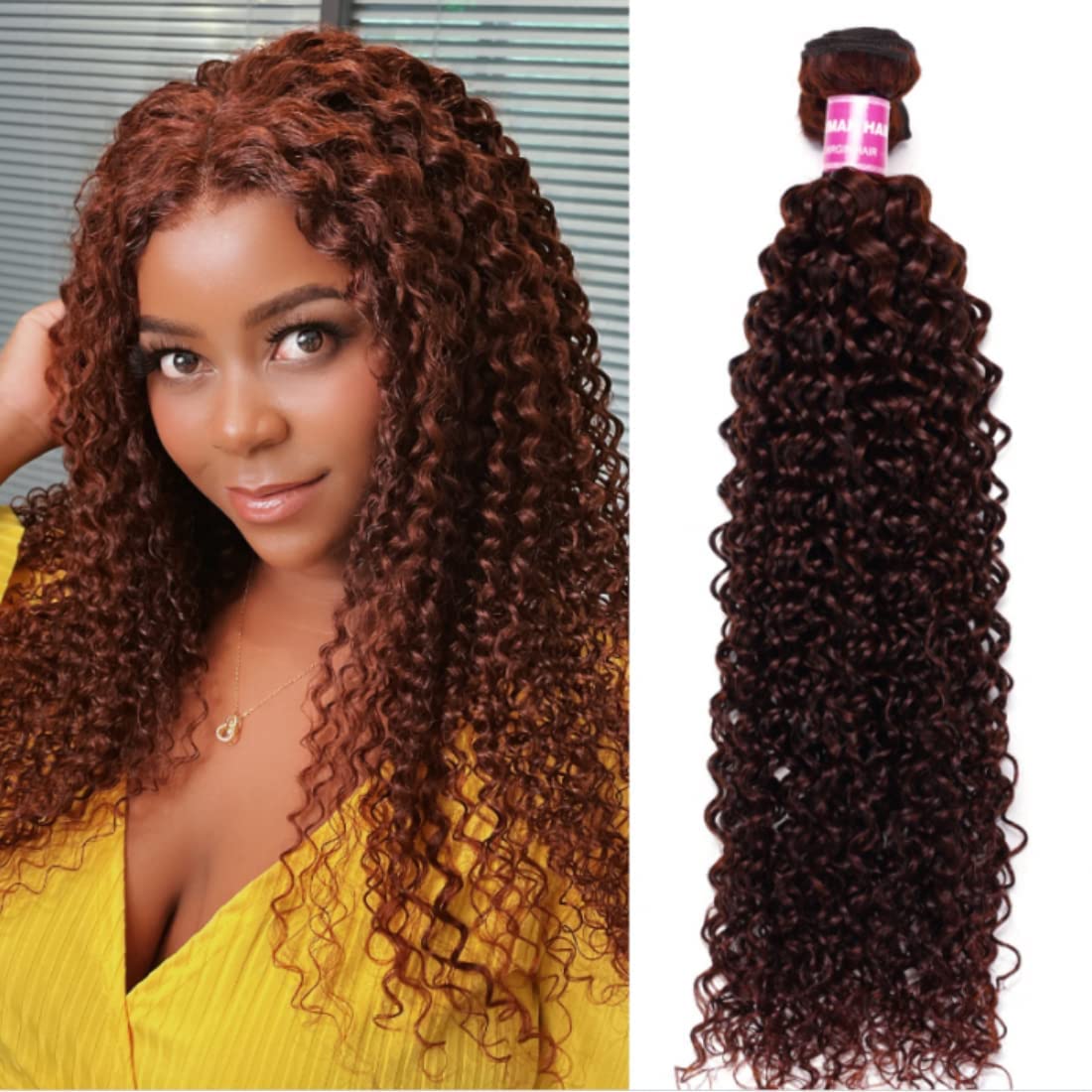 KLAIYI Manojos de cabello humano rizado de color marrón rojizo 12A, cabello virgen brasileño 100% sin procesar, color castaño cobrizo, rojo cobrizo,