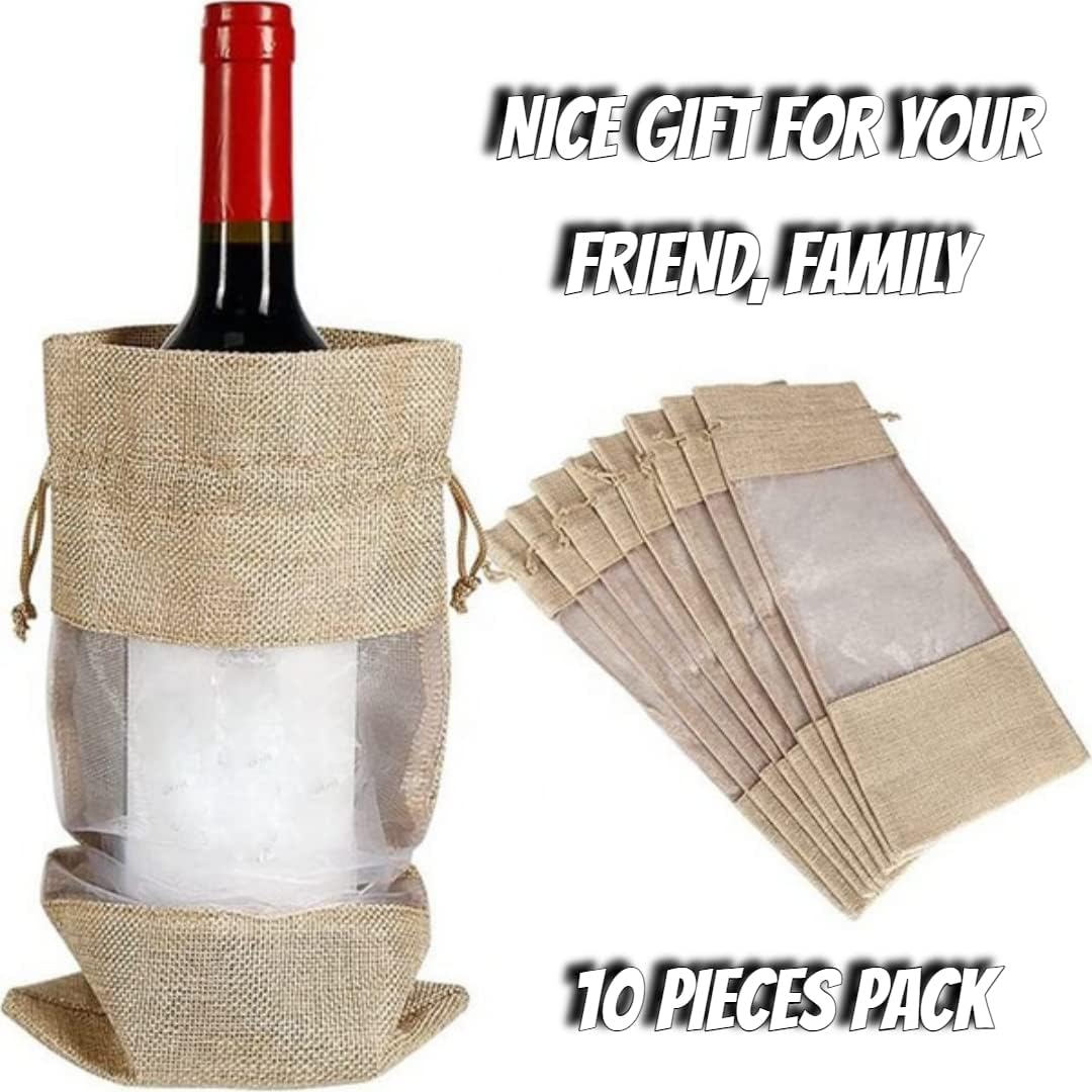 Bolsas de vino de arpillera premium, 10 bolsas de regalo de vino de yute natural con cordón y ventana transparente para fiestas de cata de vinos,