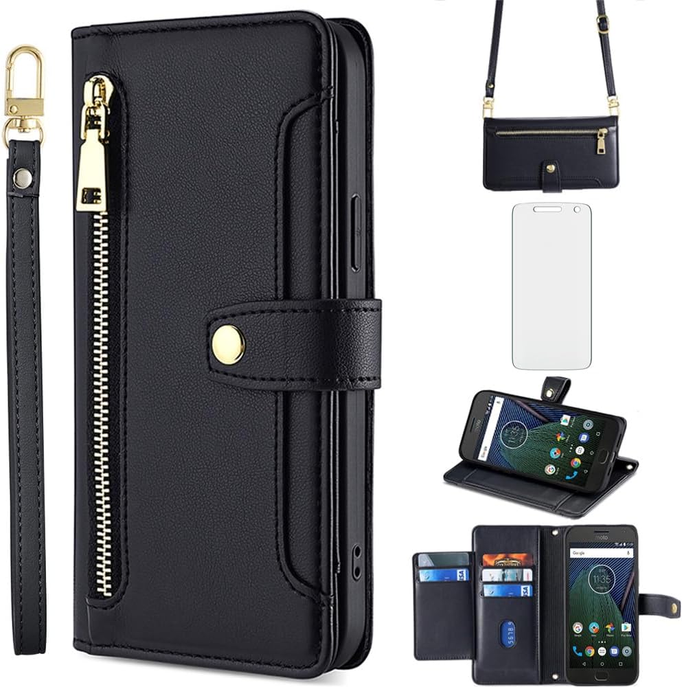 Asuwish Funda de teléfono para Moto G5 Plus Funda tipo cartera y protector de pantalla con cremallera para tarjetero, soporte de cuero para celda,