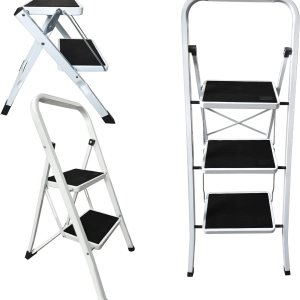 Escalera de 3 escalones con pasamanos, taburete plegable para adultos con asas y pedal ancho antideslizante, escalera plegable de acero resistente Escalera de 3 escalones con pasamanos, taburete plegable para adultos con asas y pedal ancho antideslizante, escalera plegable de acero resistente
