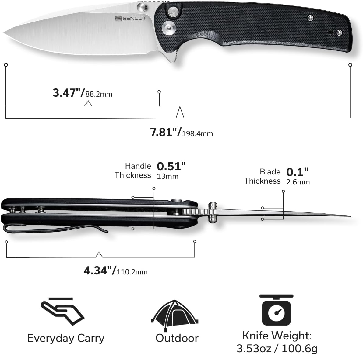 SENCUT Sachse – Cuchillo plegable para EDC, mango negro G10 de satén 9Cr18MoV, cuchillo pequeño plegable con clip, cuchillo de transporte diario