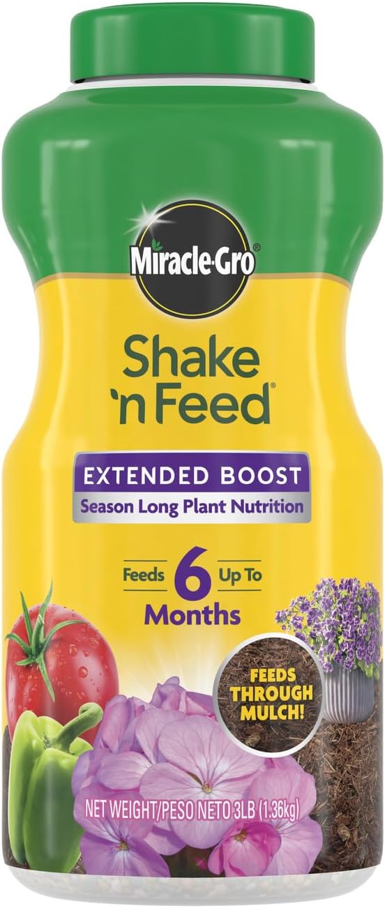 Miracle-Gro Shake ‘n Feed Extended Boost, fertilizante para plantas, alimenta hasta 6 meses, 3 libras.