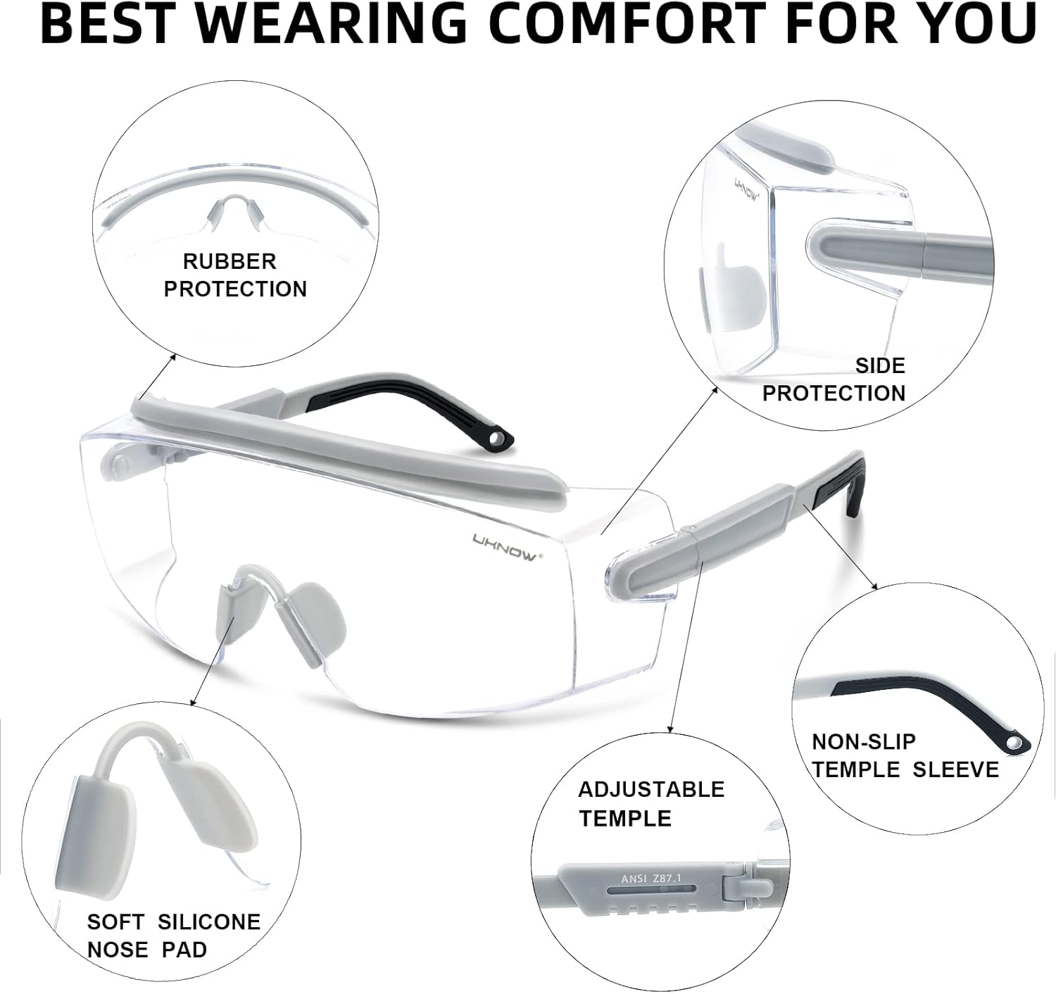 UKNOW Anteojos de seguridad sobre lentes, gafas de seguridad antivaho protección ocular envolvente, gafas protectoras ANSI Z87.1