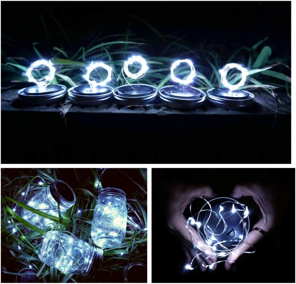Paquete de 10 luces solares para tarros de masón, 20 luces LED con forma de hada y estrella, con 10 colgadores, resistente al agua y al óxido, para