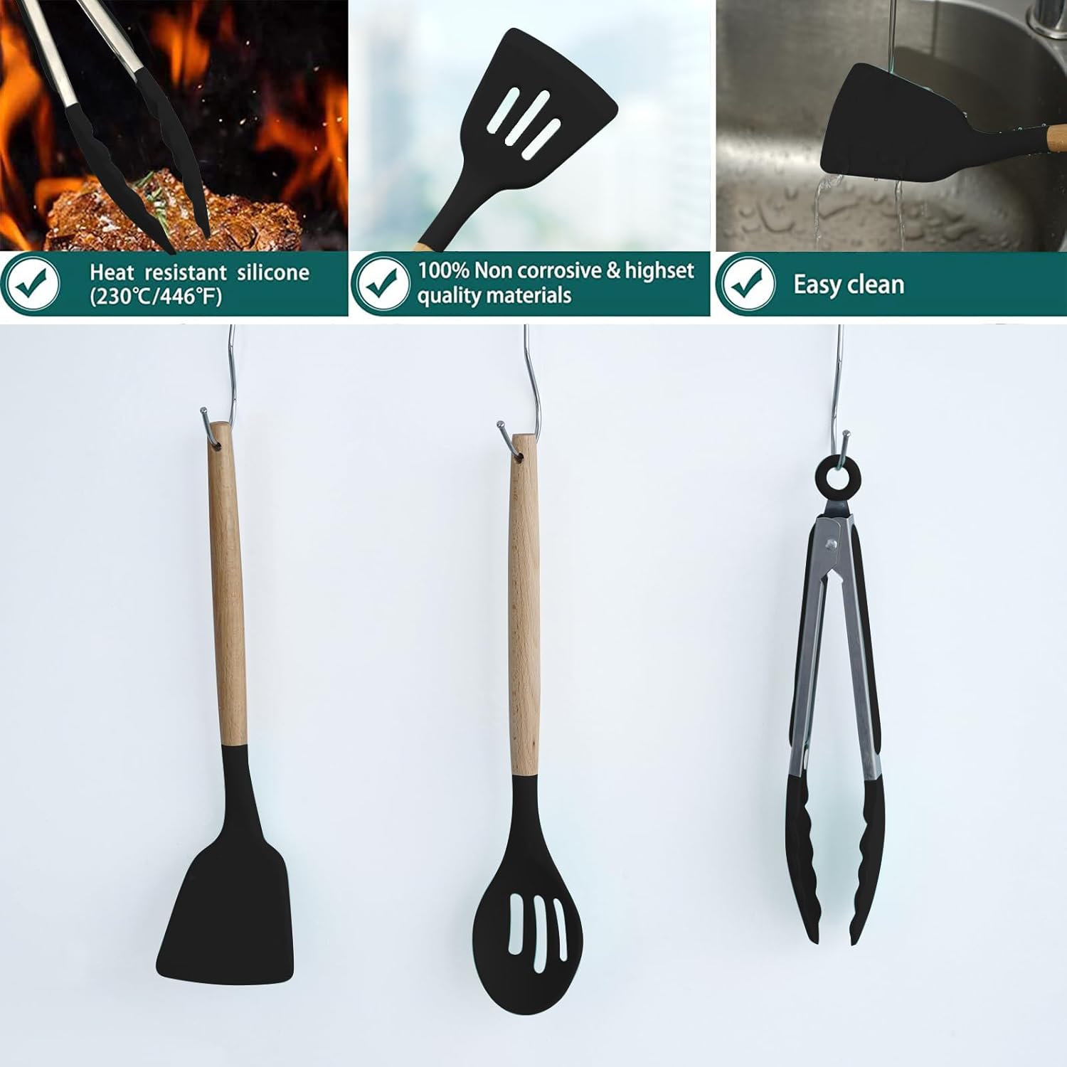 Juego de utensilios de cocina de silicona, 12 piezas, juego de utensilios de cocina, utensilios de cocina para cocinar mango de madera con soporte