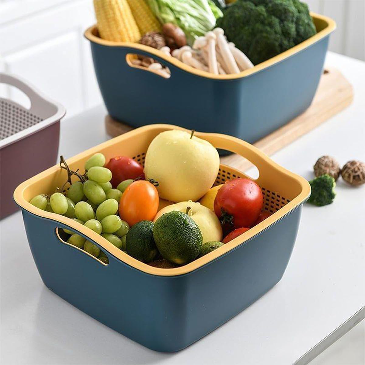 LNQ LUNIQI Cesta de drenaje de doble capa, cesta de plástico para lavar frutas, verduras, cesta de almacenamiento de alimentos, fregadero de