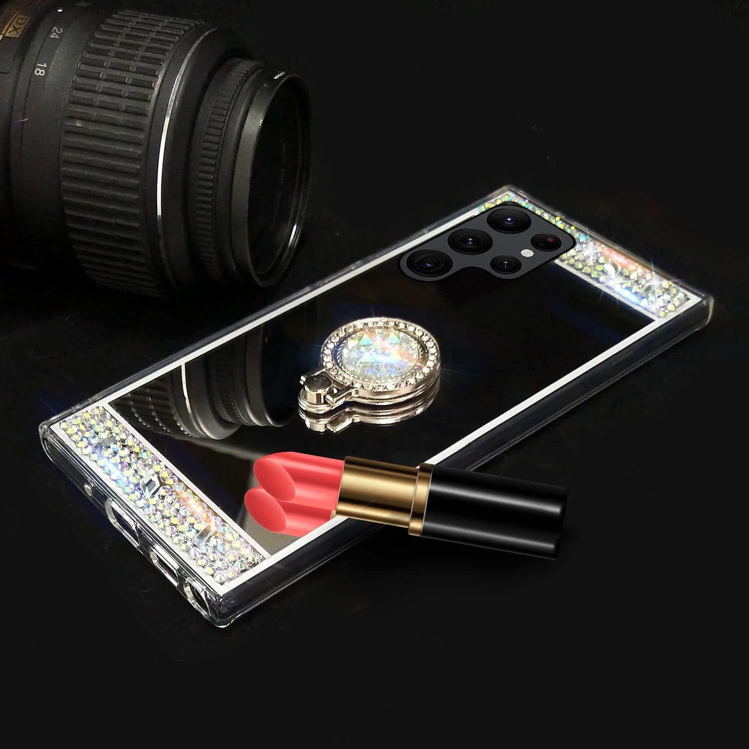 LUVI Compatible con Galaxy S22 Ultra – Funda de espejo de maquillaje con diamantes de imitación con soporte de anillo, soporte de soporte, linda