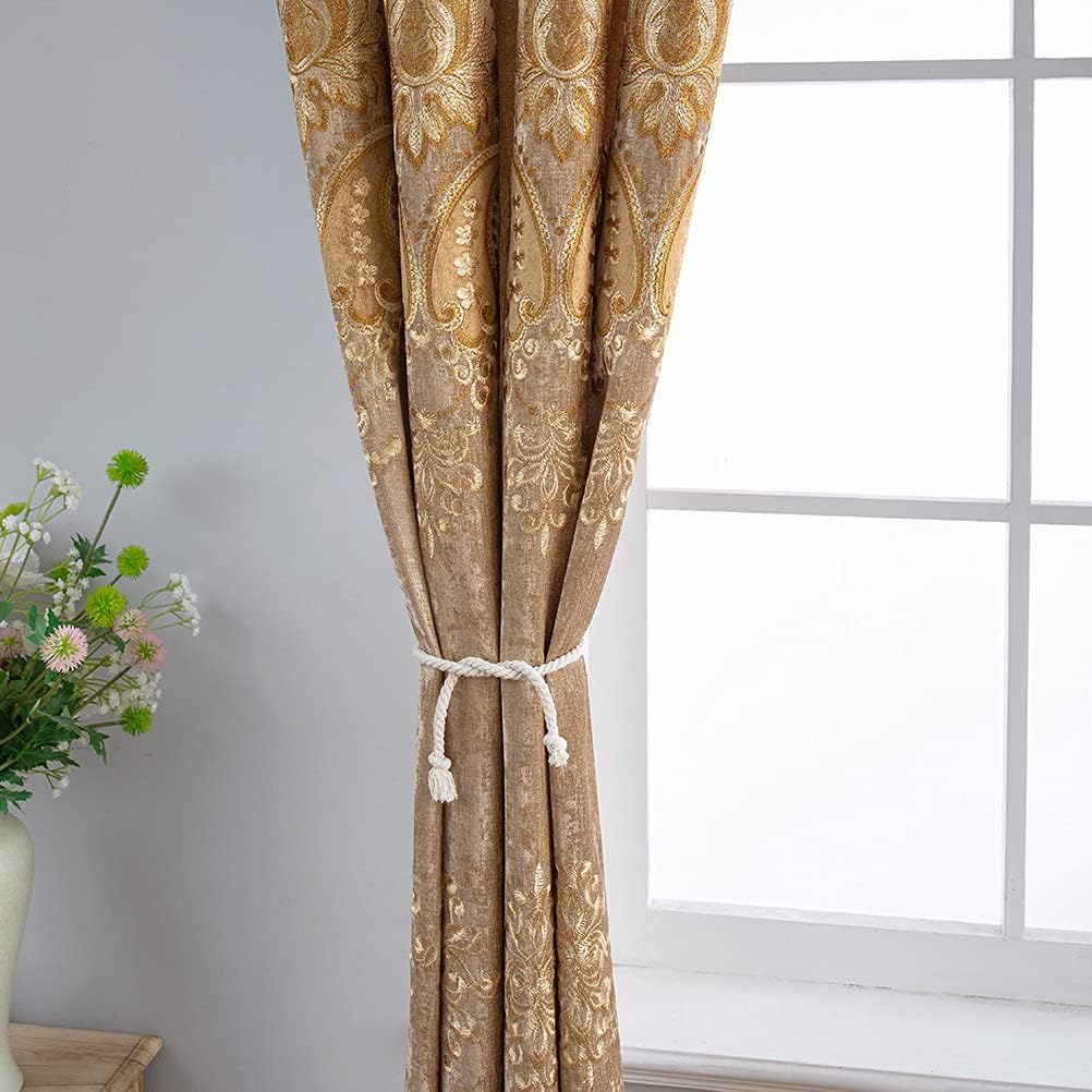 ELKCA Juego de cortinas europeas de felpilla con patrón bordado para sala de estar, con ojales en la parte superior (52 pulgadas de ancho x 84