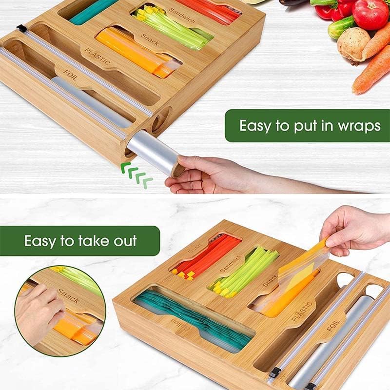 Organizador de almacenamiento de bolsas Ziplock 6 en 1, dispensador de papel de bambú y plástico con cortador organizador para cajón de cocina,