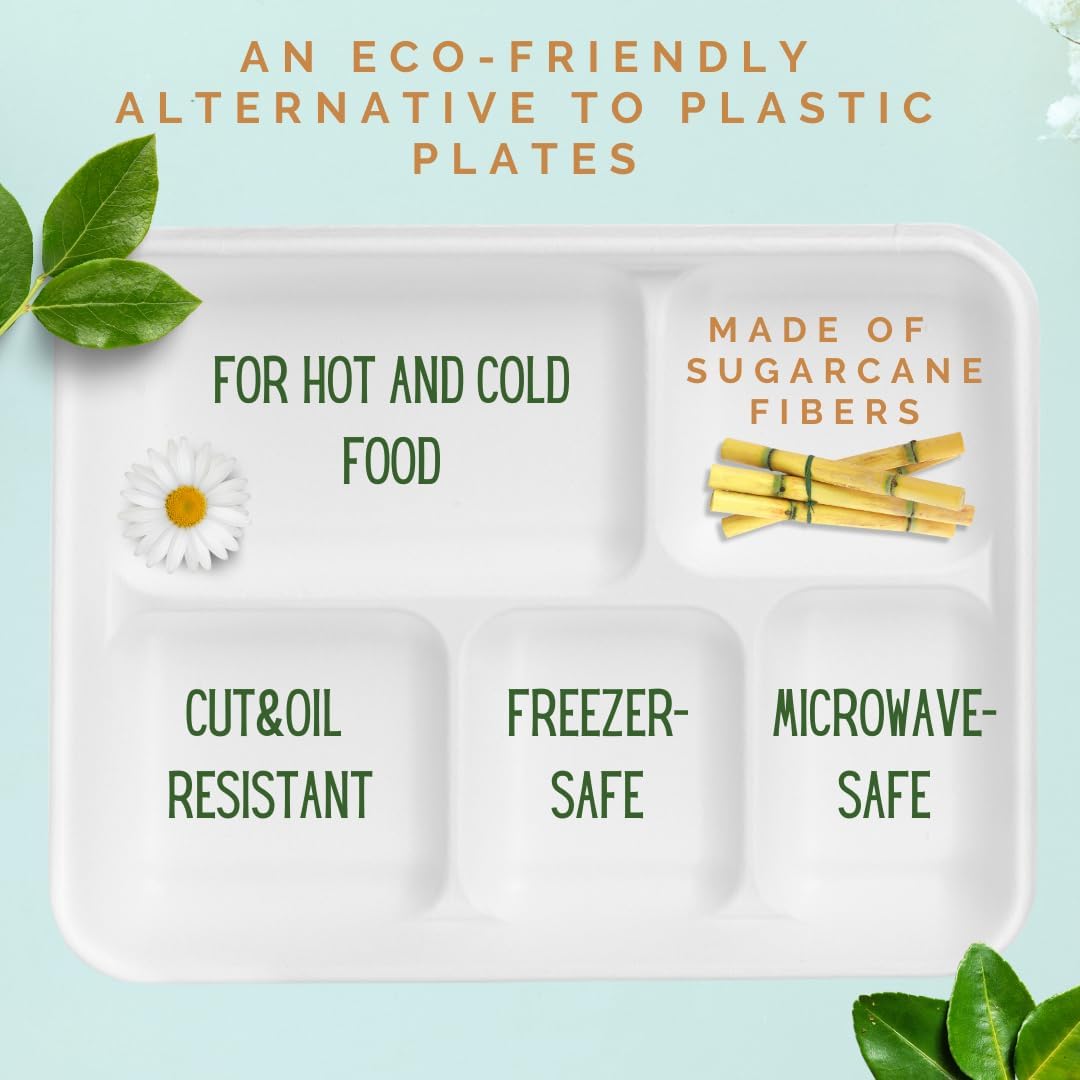 ECORIYO Platos de papel divididos  Paquete de 50 platos desechables resistentes con compartimento  Platos desechables compostables de caña de azúcar