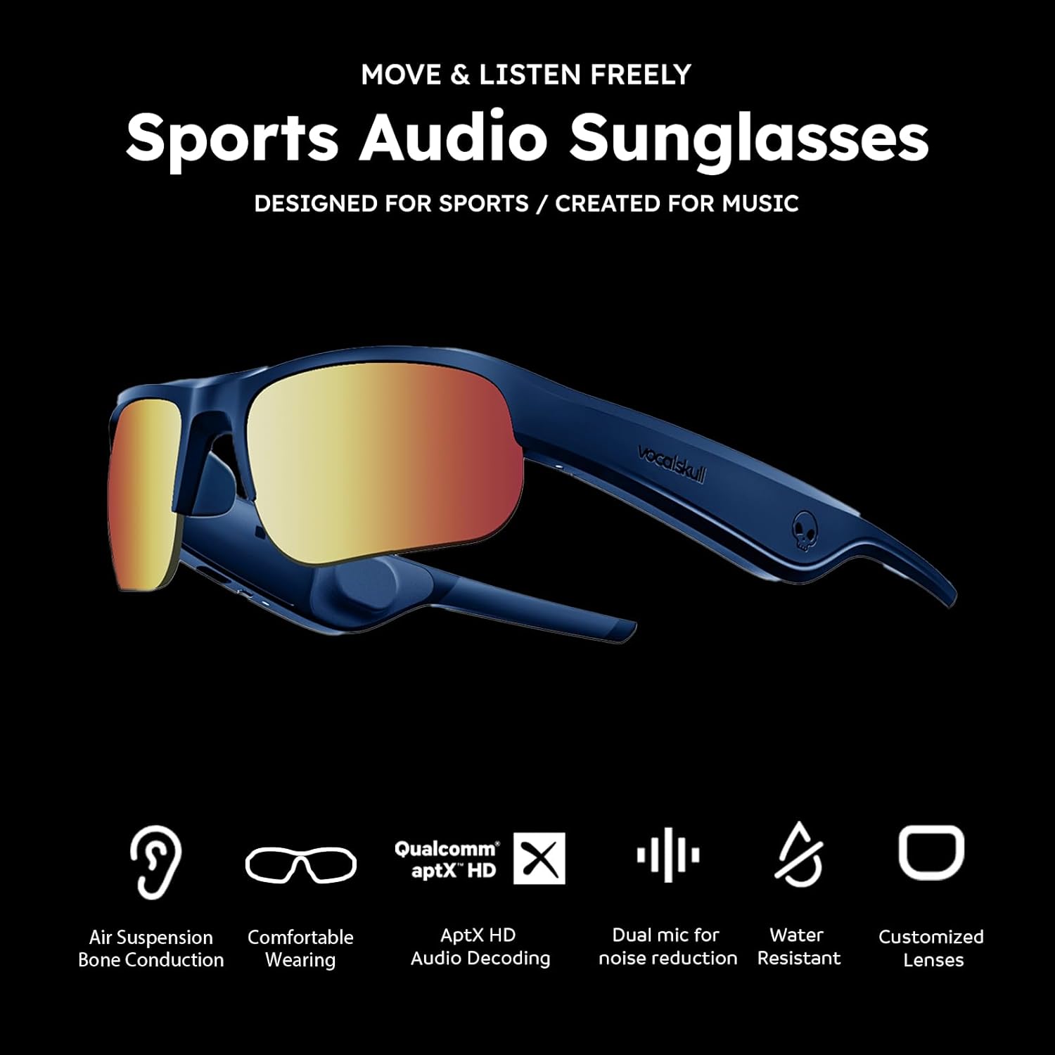 VOCALSKULL Lentes de sol inteligentes de audio de conducción ósea, gafas de sol deportivas con lentes polarizados, impermeabilidad IPX 5,