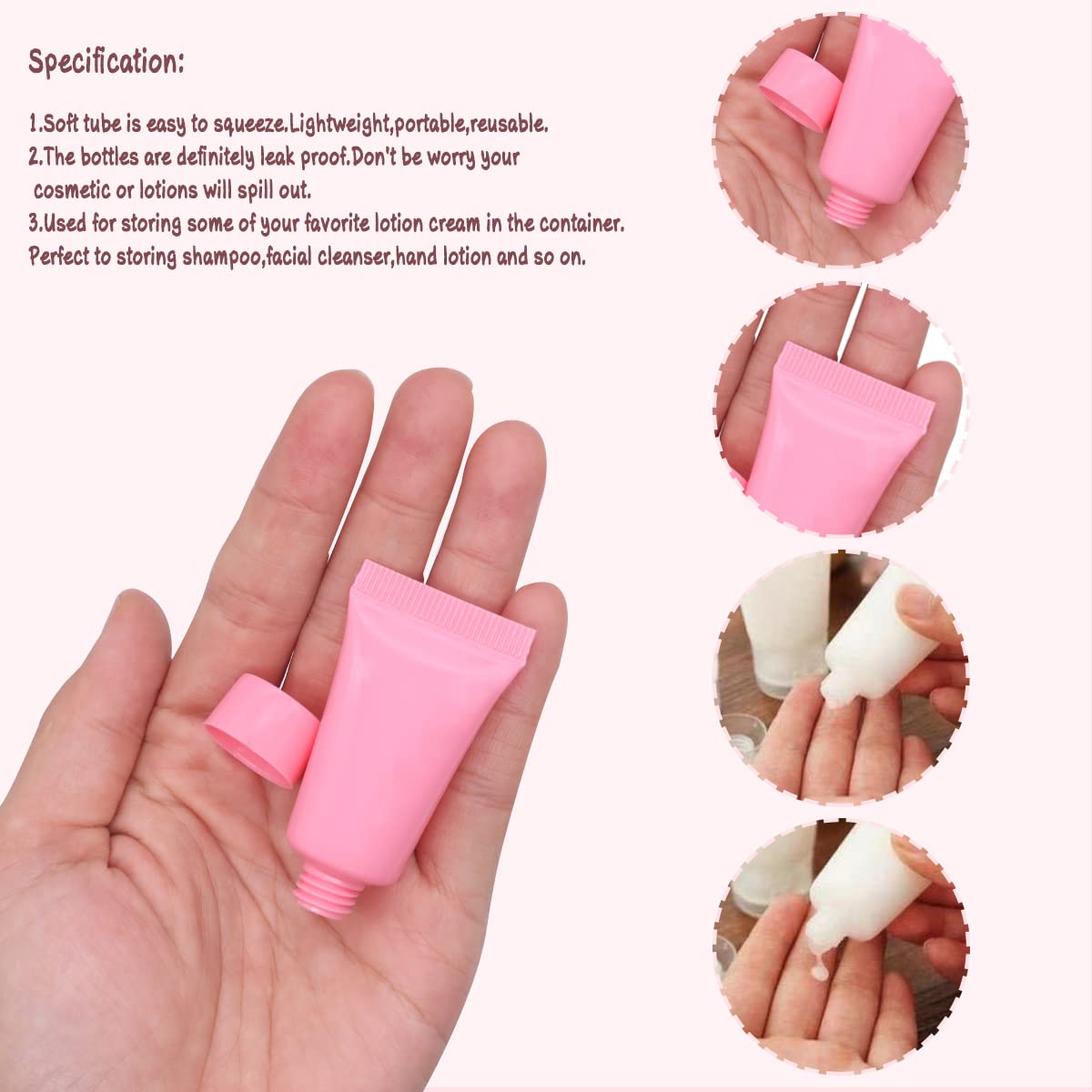50 unidades de 0.2 fl oz vacíos rosados recargables tubos de plástico cosméticos de viaje maquillaje embalaje botellas de muestra recipientes para