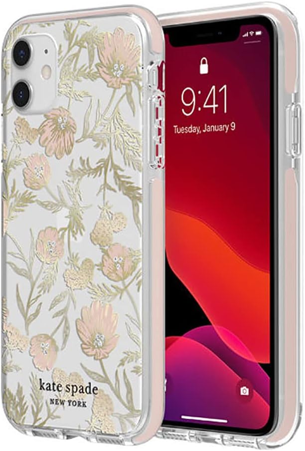 Kate Spade – Fundas protectoras para iPhone 11 con diseño delgado, protección contra caídas y estampado floral, color rosa y dorado con gemas