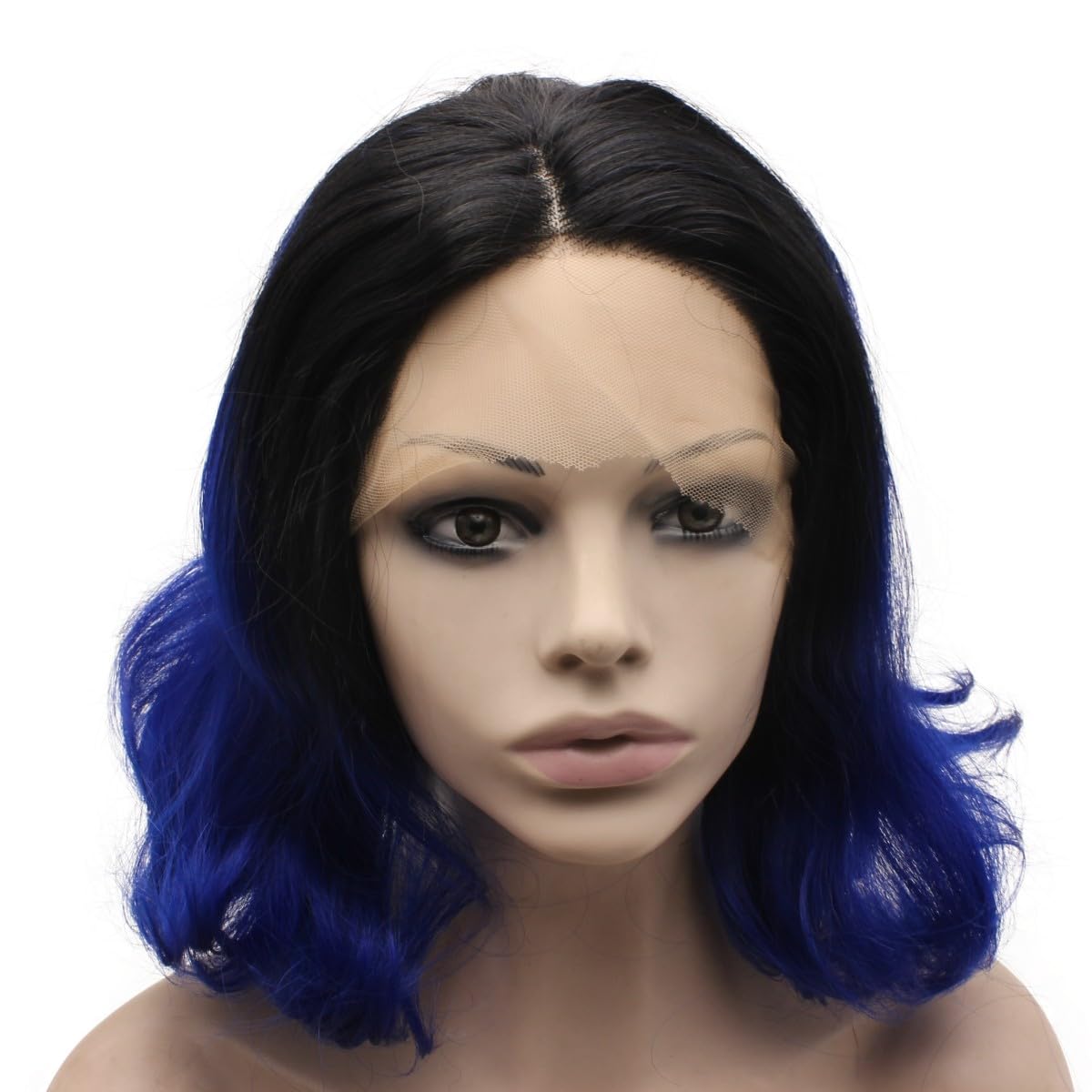 Mxangel – Peluca de cabello sintético corto rizado con raíces negras, encaje frontal, color azul joya ombré, pelo de fibra resistente al calor