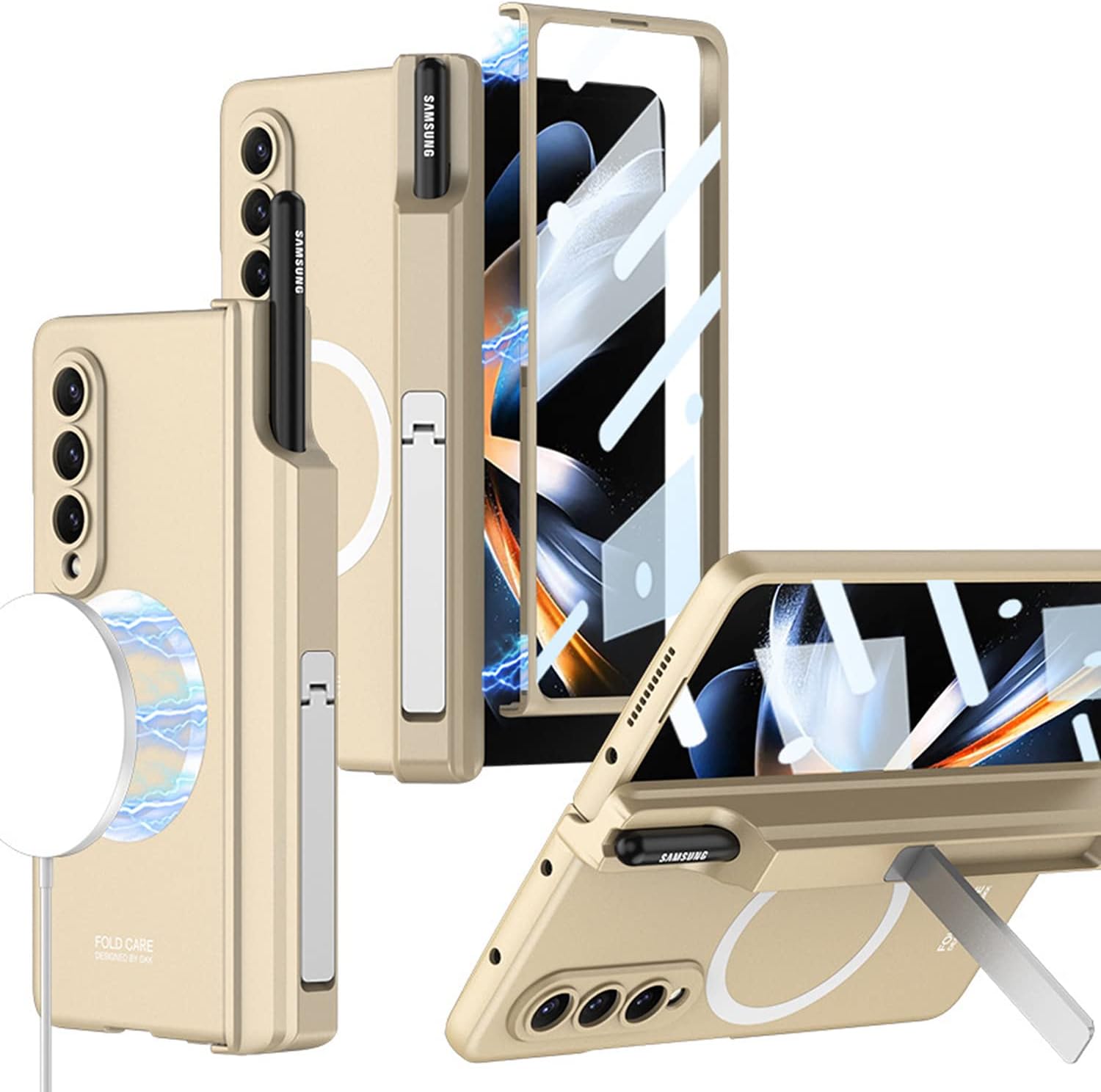 Miimall – Funda para Samsung Galaxy Z Fold 4 con soporte para bolígrafo, protector de pantalla integrado, soporte y funda de protección de bisagra