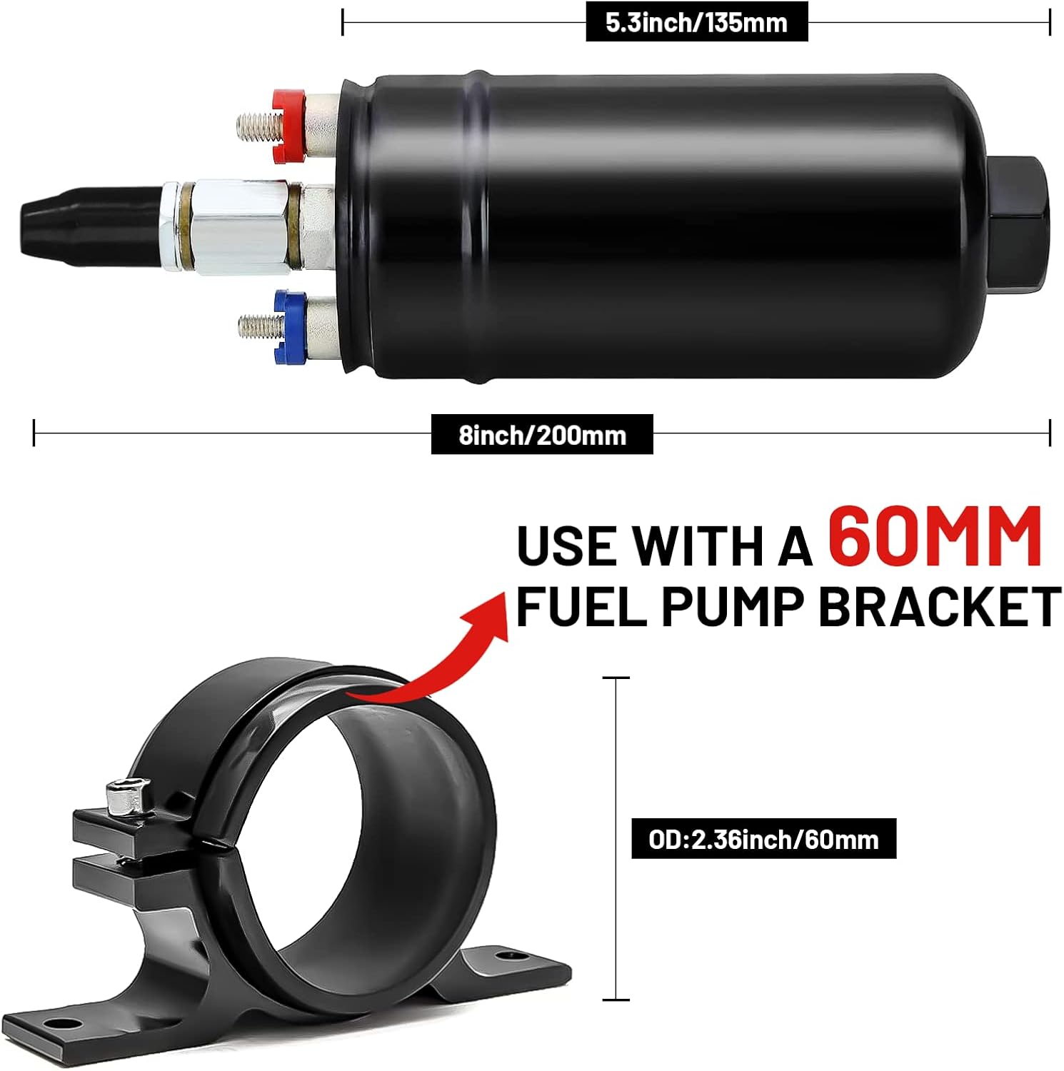 Bomba de combustible externa en línea, alta presión eléctrica 300LPH de alto flujo 12V 145PSI Bomba universal eléctrica 6AN Outlet10AN Adaptador de