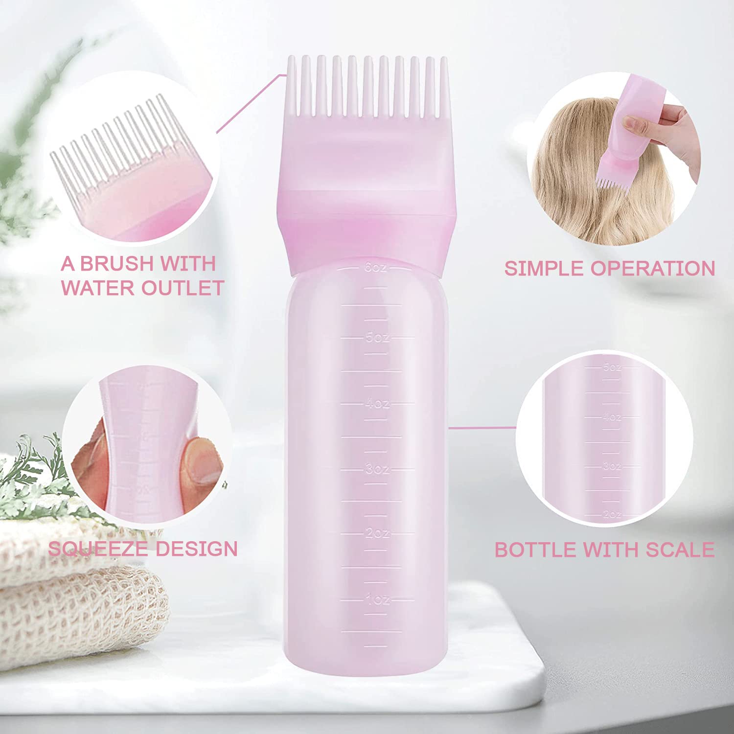 2 botellas aplicadoras de peine de raíz, aplicador de aceite para el cabello de 6 onzas para teñir el cabello (rosa y morado)