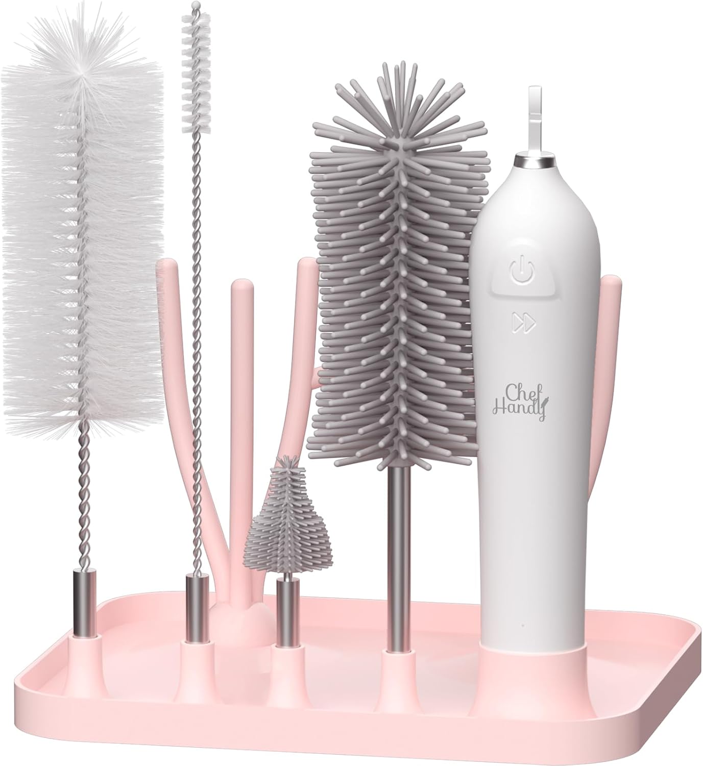 Chefhandy Juego de cepillos eléctricos para biberones con cepillo de silicona para pezones y estante de secado, juego de limpiador eléctrico, 3