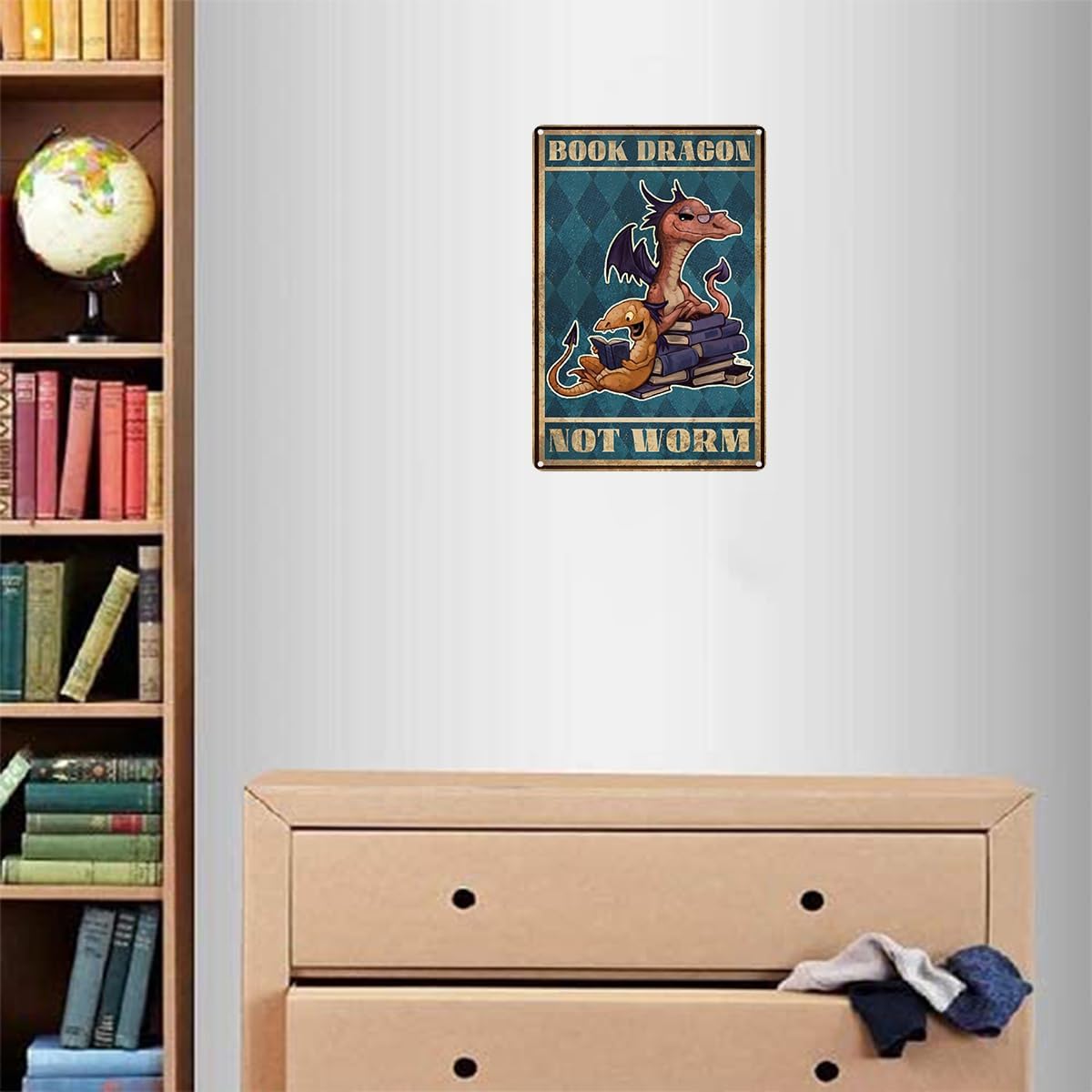 Letrero de metal retro con diseño de dragón con texto en inglés “Dragon Not Worm”, póster divertido para biblioteca, cafetería, sala de estar,