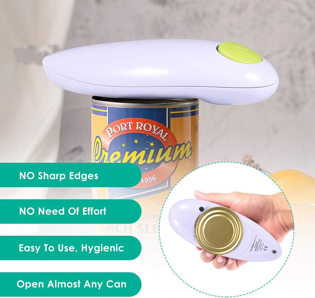 Abrelatas eléctrico fácil de un solo toque con borde liso para personas mayores con artritis, abrelatas automático seguro para alimentos, accesorios