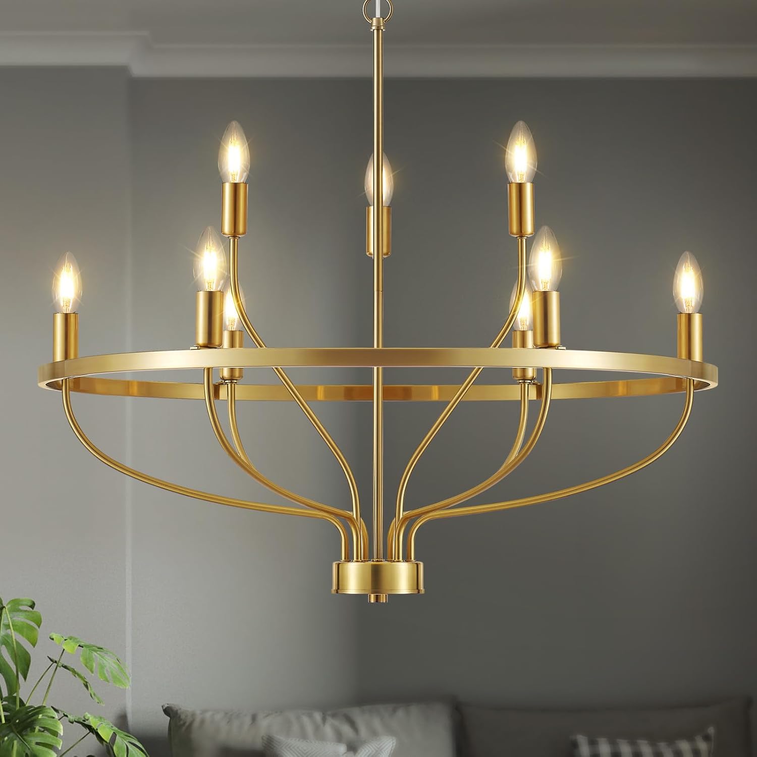 Moderno candelabro dorado de 9 luces, estilo vintage, de mediados de siglo, 30 pulgadas, estilo vela, moderno, rústico, para comedor, isla de