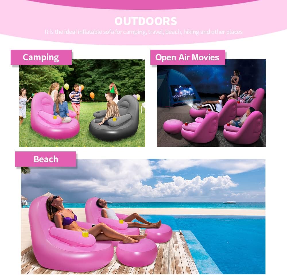 Nevife Sillón inflable con otomana y portavasos, sofá inflable portátil, tumbona de aire, sofá perezoso para camping, juegos, almuerzo, jardín,