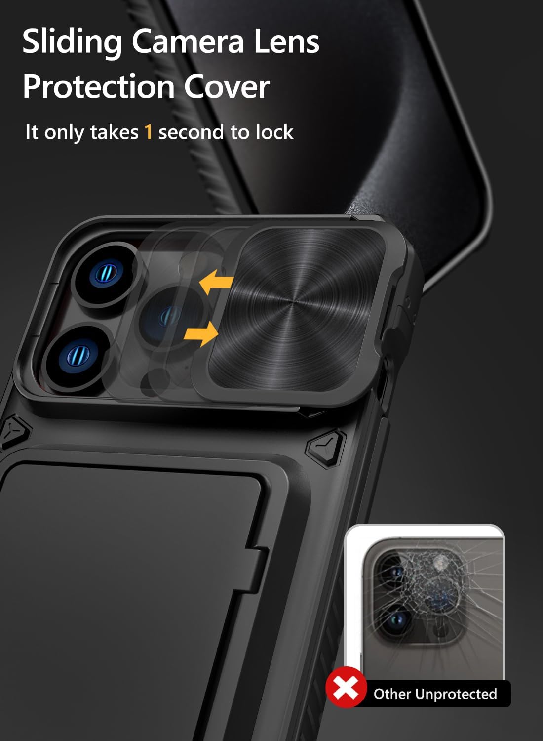 Vihibii Funda para iPhone 15 Pro Max con tarjetero (4 tarjetas) y cubierta deslizante para cámara y soporte, protección contra caídas de grado