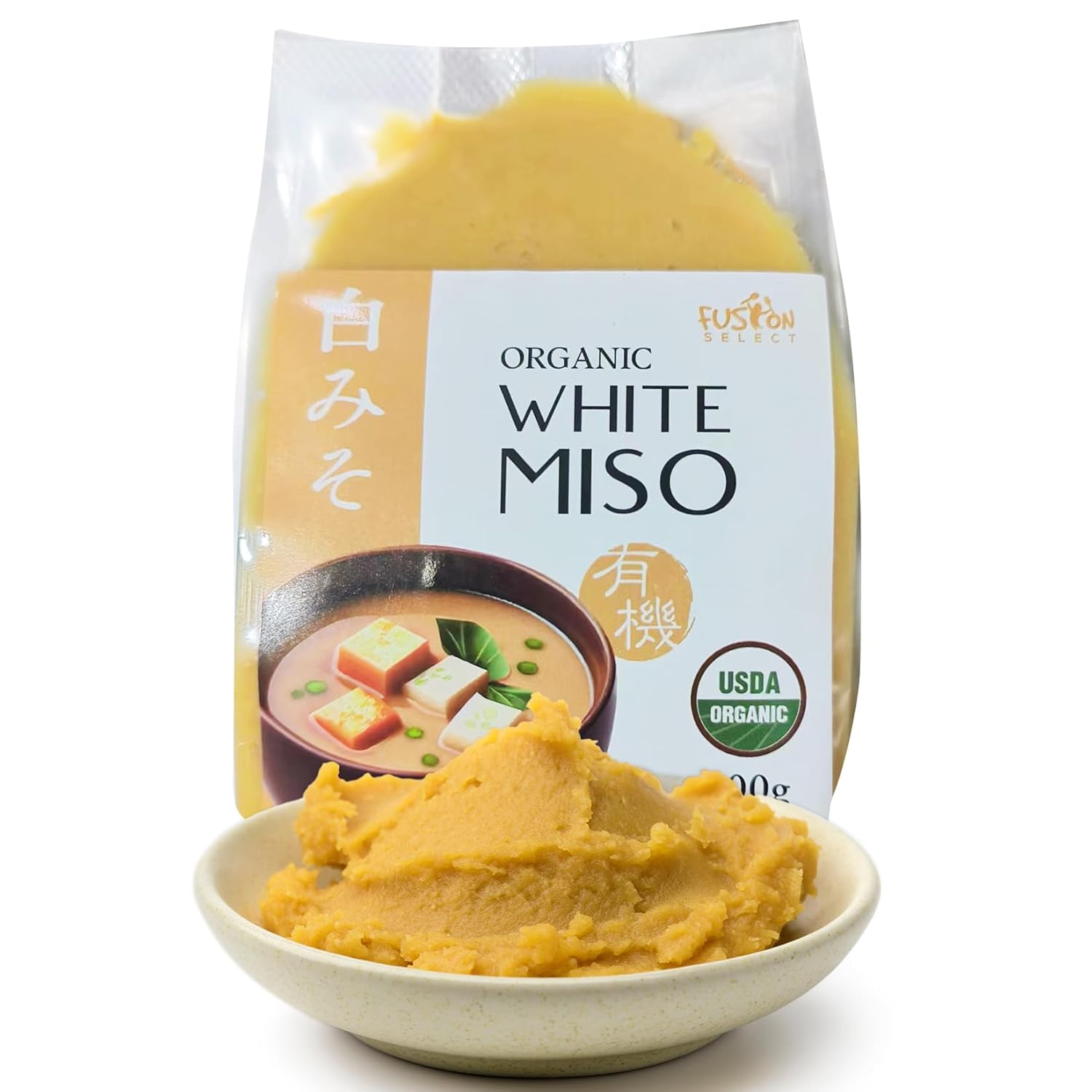 Fusion Select Pasta de miso blanca orgánica, hecha de soja fermentada y arroz, condimento japonés sabroso para cocinar base de sopa, caldo,
