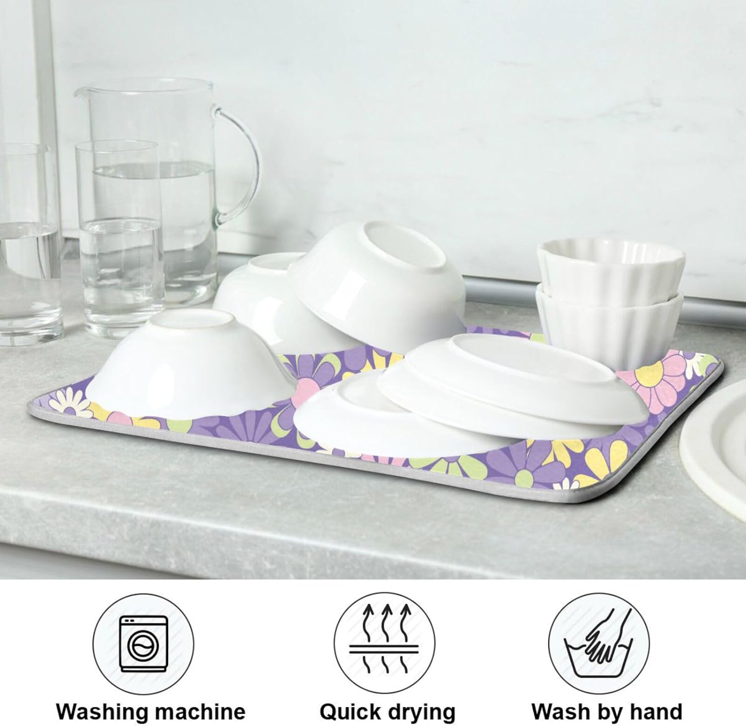 Colorful Flowers Painting Dish Mat Washnable Absorbent Kitchen Countertop Decor Countertop Protector Heat Resistant Tapete Para Cocina 16” x 18”