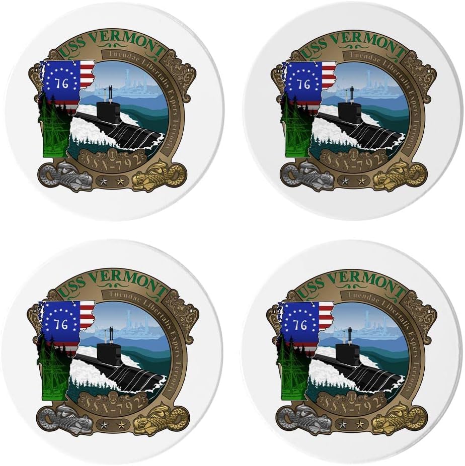 USS Vermont (SSN-792), Joyride Home Decor, 4 posavasos de cerámica, posavasos circulares de 4 pulgadas, juego de 4, parte trasera de corcho