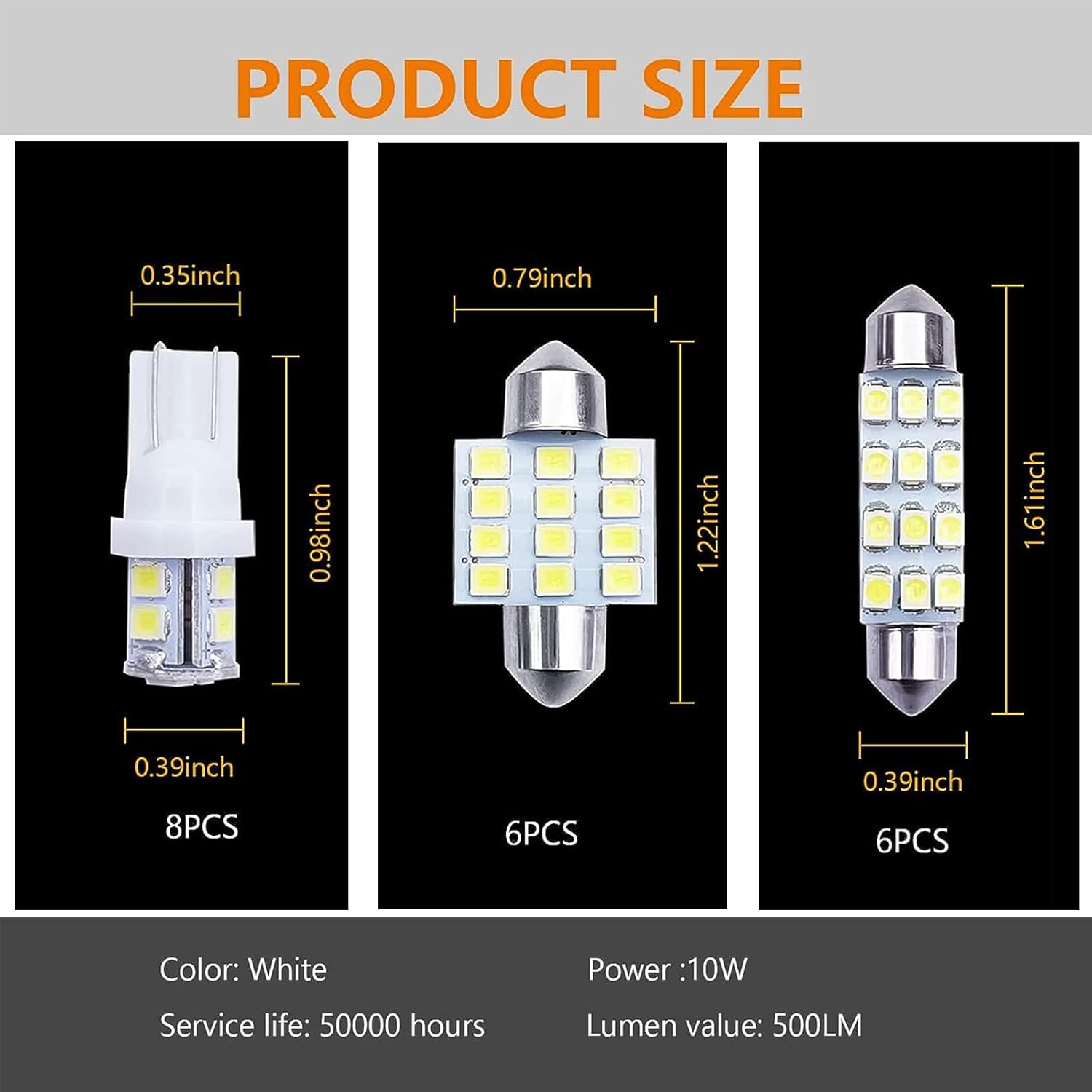 Crynod Juego de 20 luces LED para automóvil, T10 de 1.220 in, 1.654 in, 6000 K, luz de lectura de techo de alto brillo, 500 lm de ancho, luz de