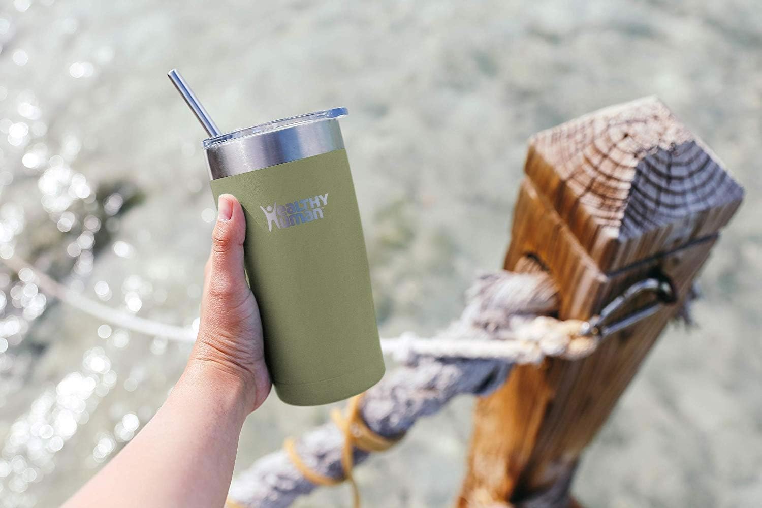 Vaso de viaje de acero inoxidable con aislamiento humano, con pajita y tapa, Verde oliva
