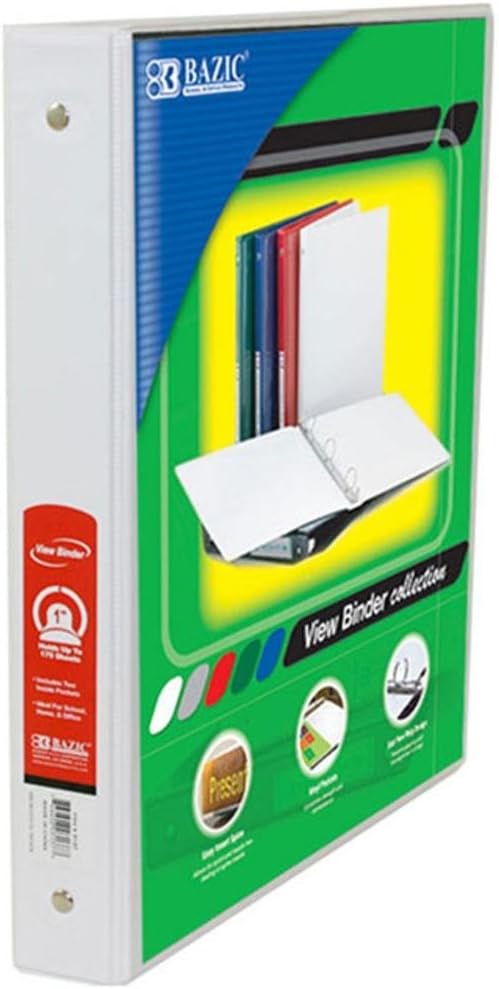 BAZIC – Carpeta blanca de 3 anillas de 1 pulgada con 2 bolsillos, paquete de 12 unidades