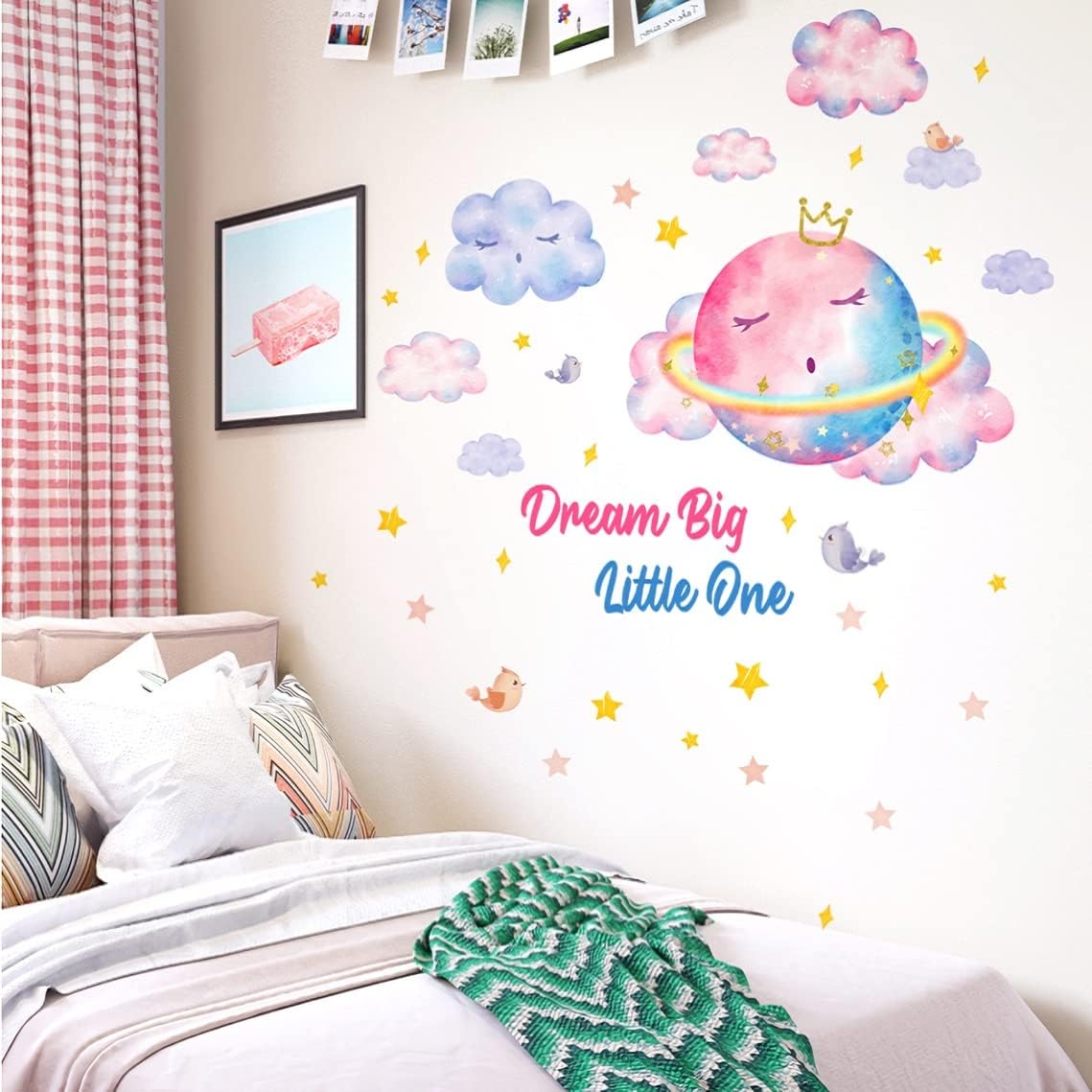 Dream Big Little One Planet – Calcomanías de pared para niños, coloridas estrellas de nube, calcomanías de pared para dormitorio de niñas, sala de