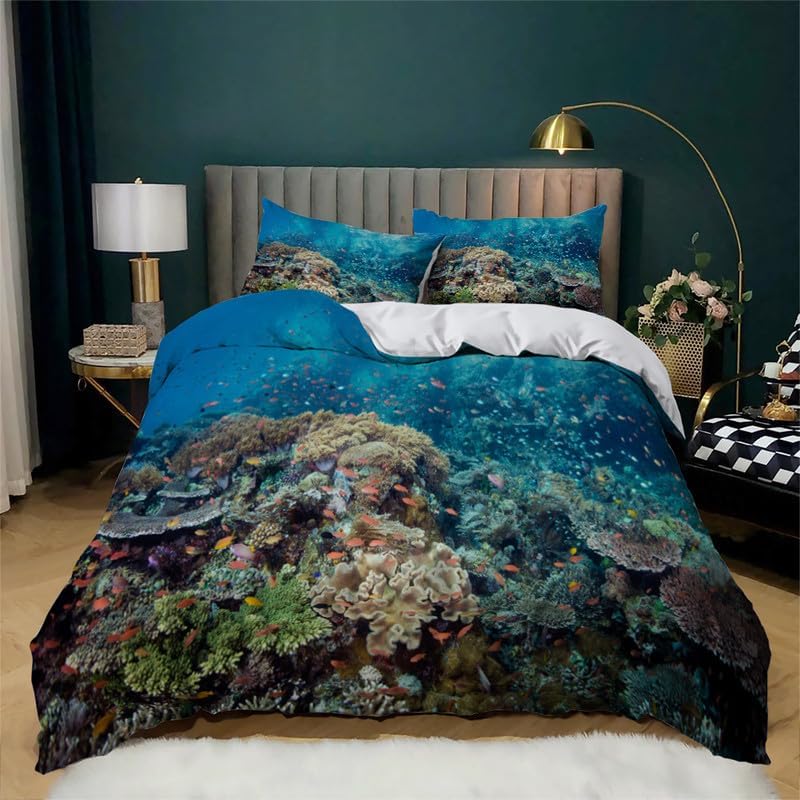 Juego de funda de edredón tamaño individual con estampado de paisaje azul oscuro, funda de edredón de microfibra suave y 2 fundas de almohada de 20