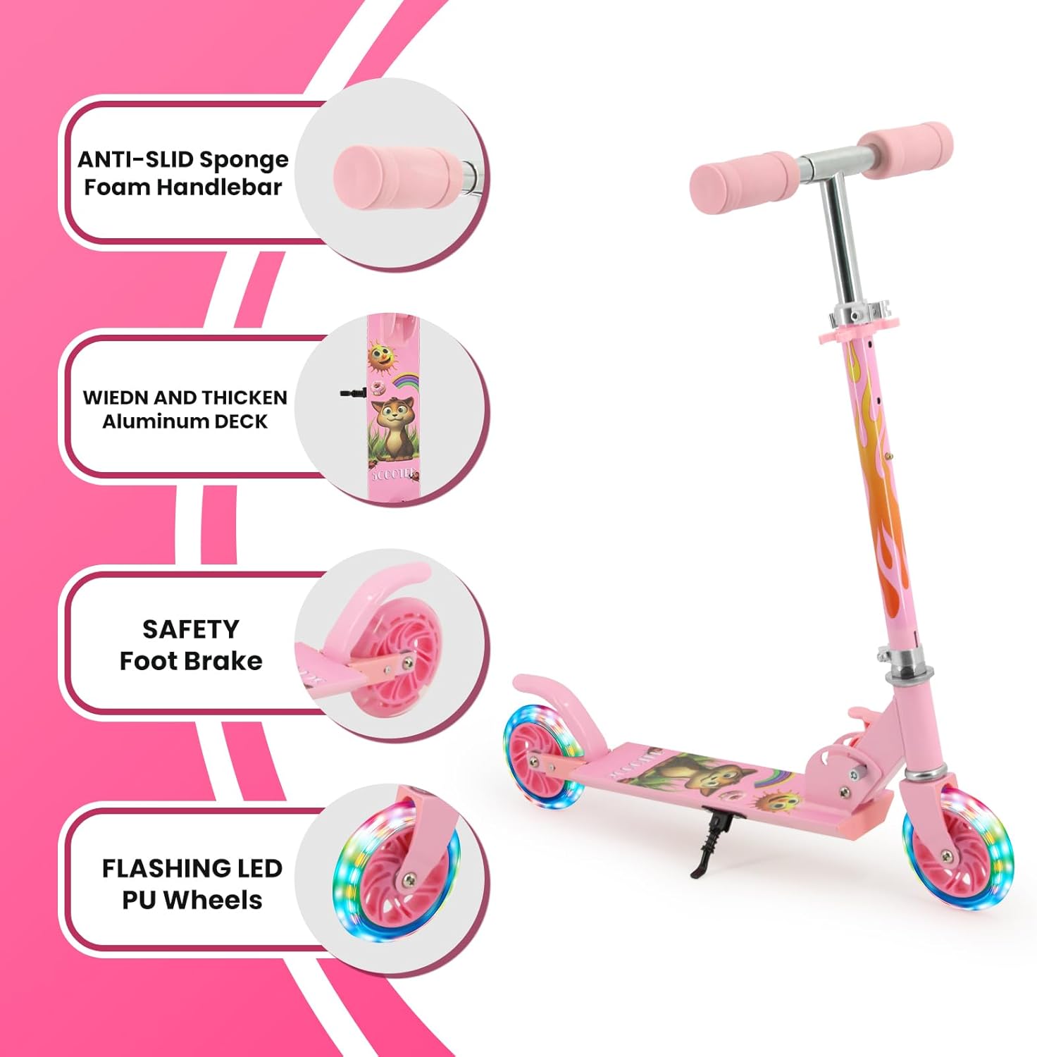 TENBOOM Patinete para niños de 3 a 12 años  Patinete para niños con ruedas de luz LED y manillar ajustable de 3 niveles, ligero y plegable de 2
