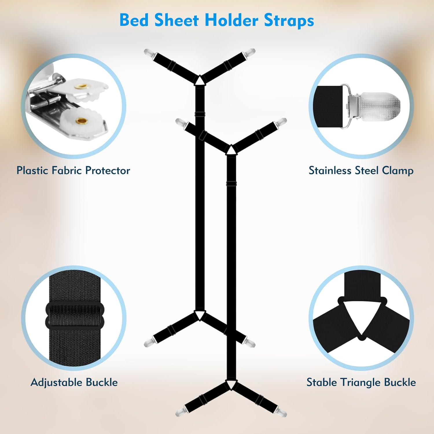 Correas de sábanas, 2 correas elásticas ajustables para sujetar las sábanas en su lugar con clips de metal, soportes de sábanas para funda de