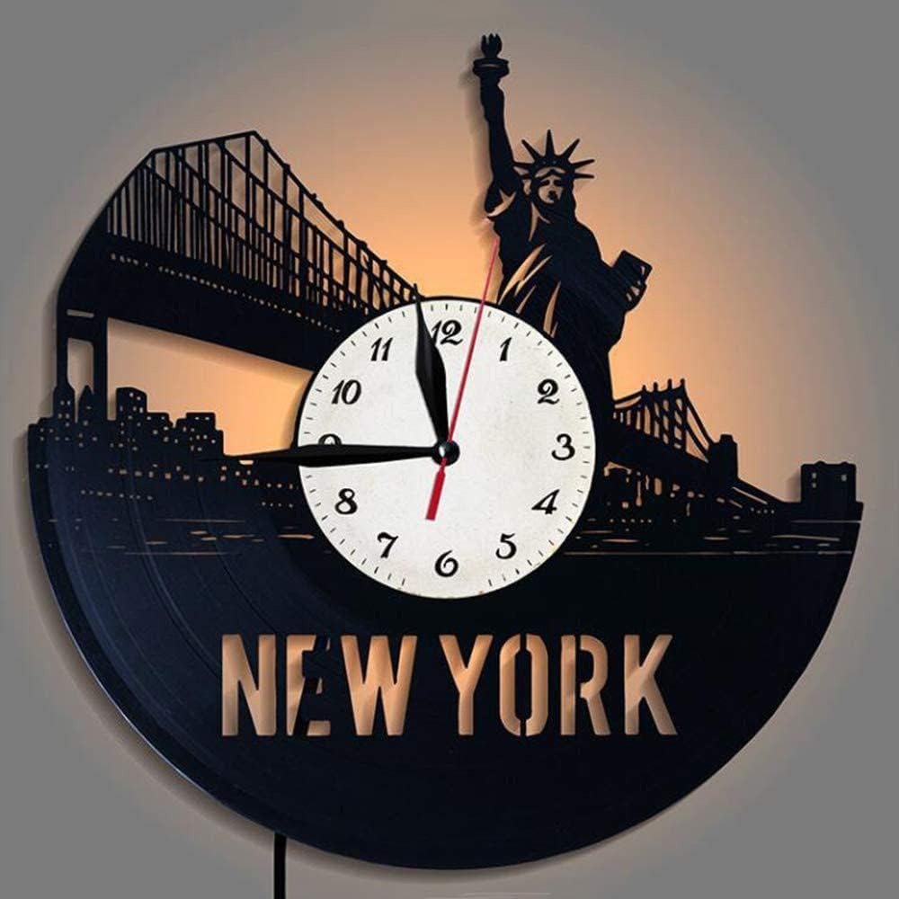 Reloj de pared con disco de vinilo de la ciudad de Nueva York, regalos de decoración de 7 colores, luz nocturna