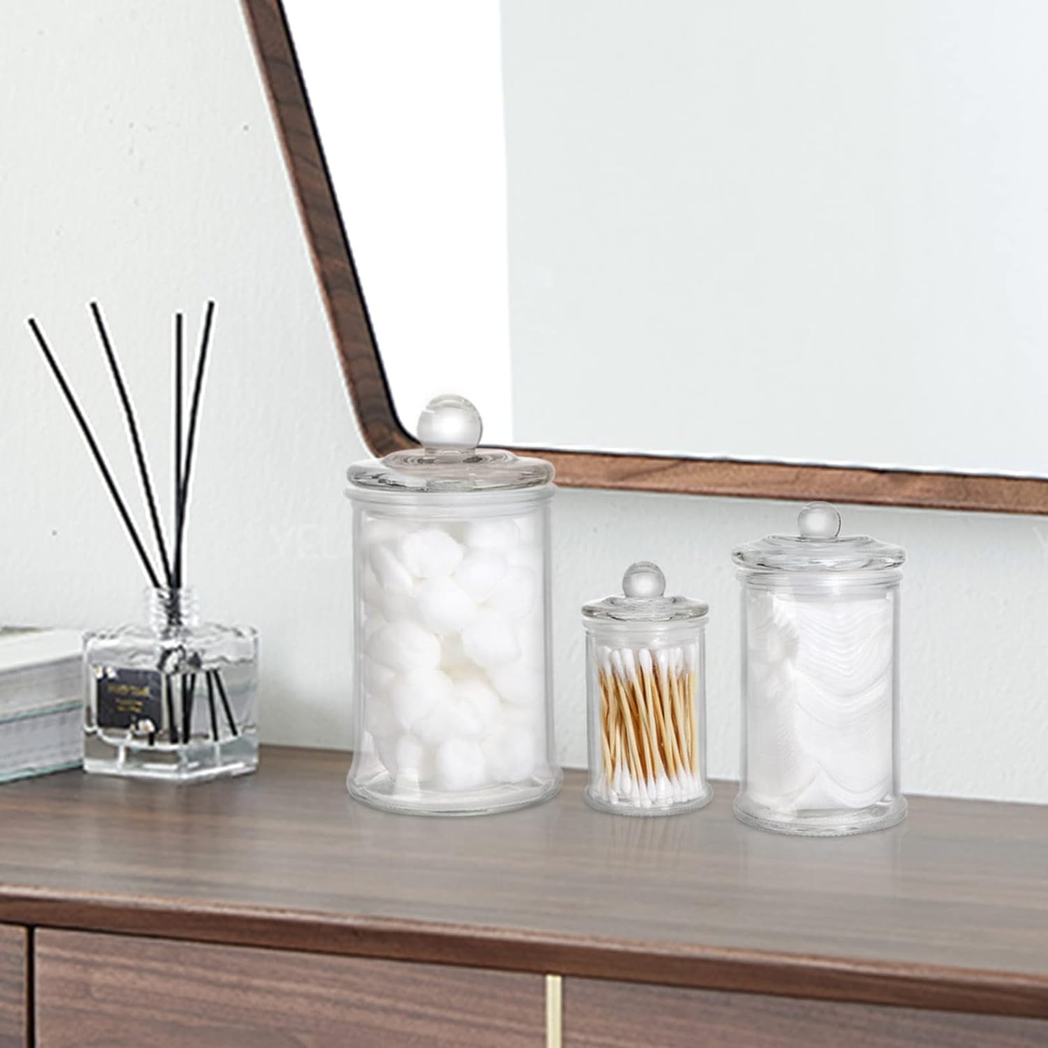 Suwimut Juego de 3 tarros de vidrio con tapas, recipientes de baño, tarros de almacenamiento pequeños para cocina, baño, almacenamiento Qtip,