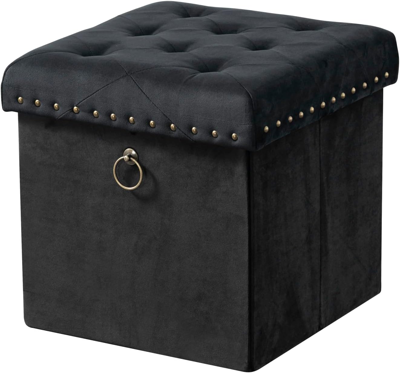Chic Home Sassy Storage – Otomano tapizado de terciopelo con acabado de latón antiguo y anillo copetudo, parte superior extraíble con compartimento