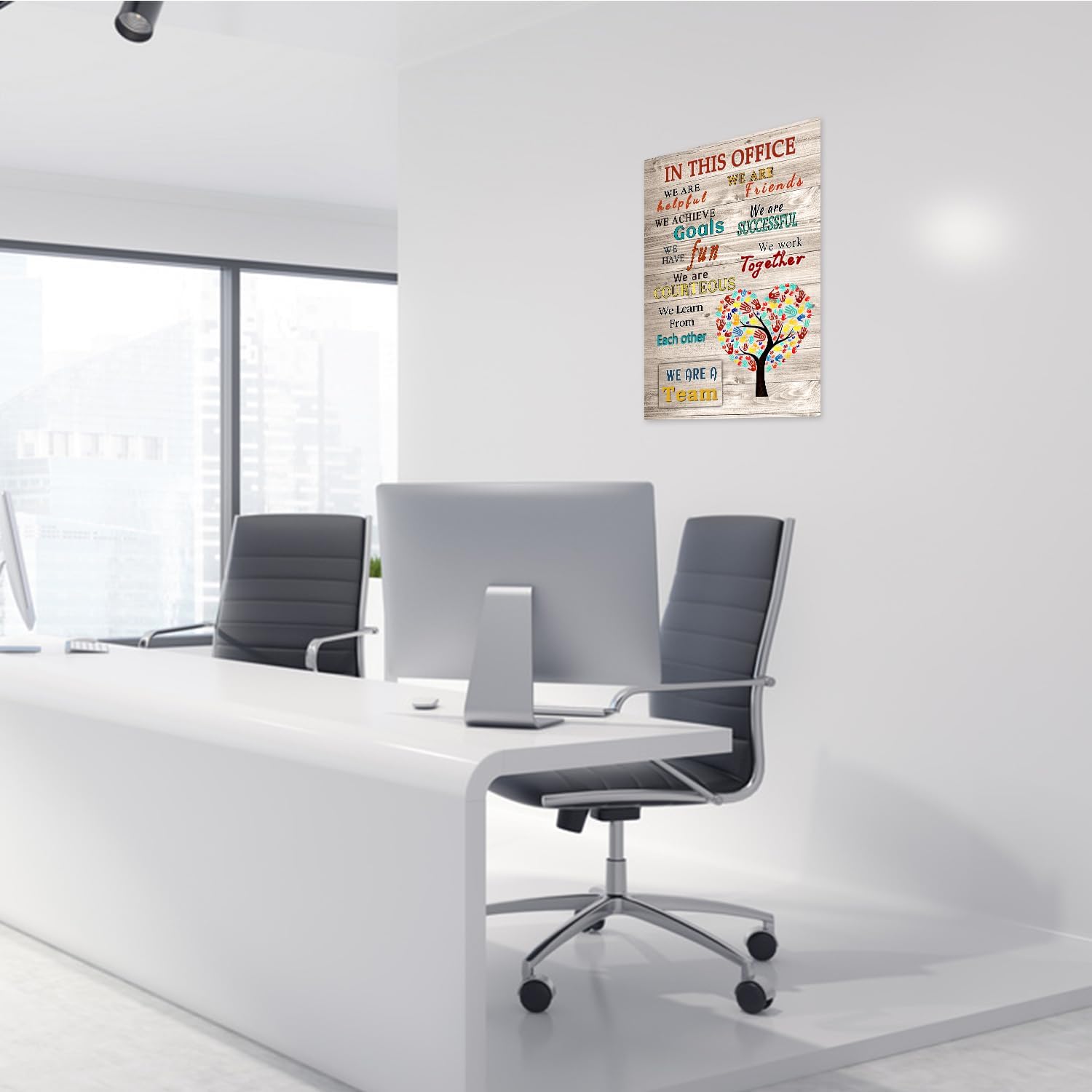 WHAOMIOT Póster inspirador para pared, decoración de pared positiva de oficina, lienzo impreso con texto en inglés In This Office We Are A Team con